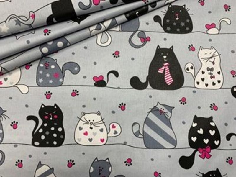 Cotton Fabric - Cats on a Line Amaranth