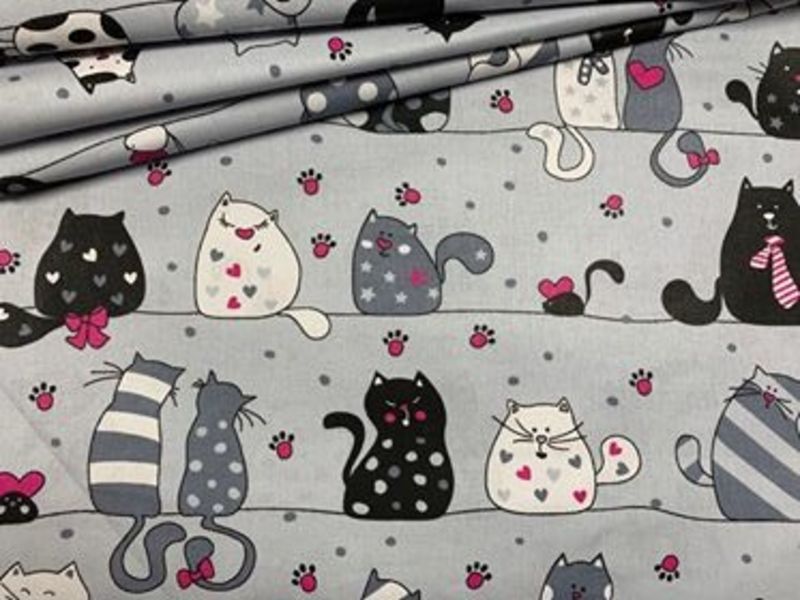 Cotton Fabric - Cats on a Line Amaranth