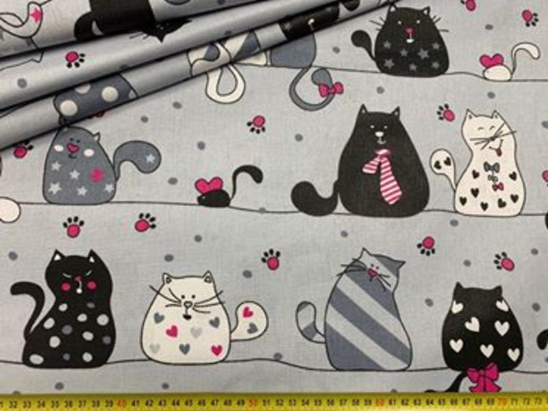 Cotton Fabric - Cats on a Line Amaranth