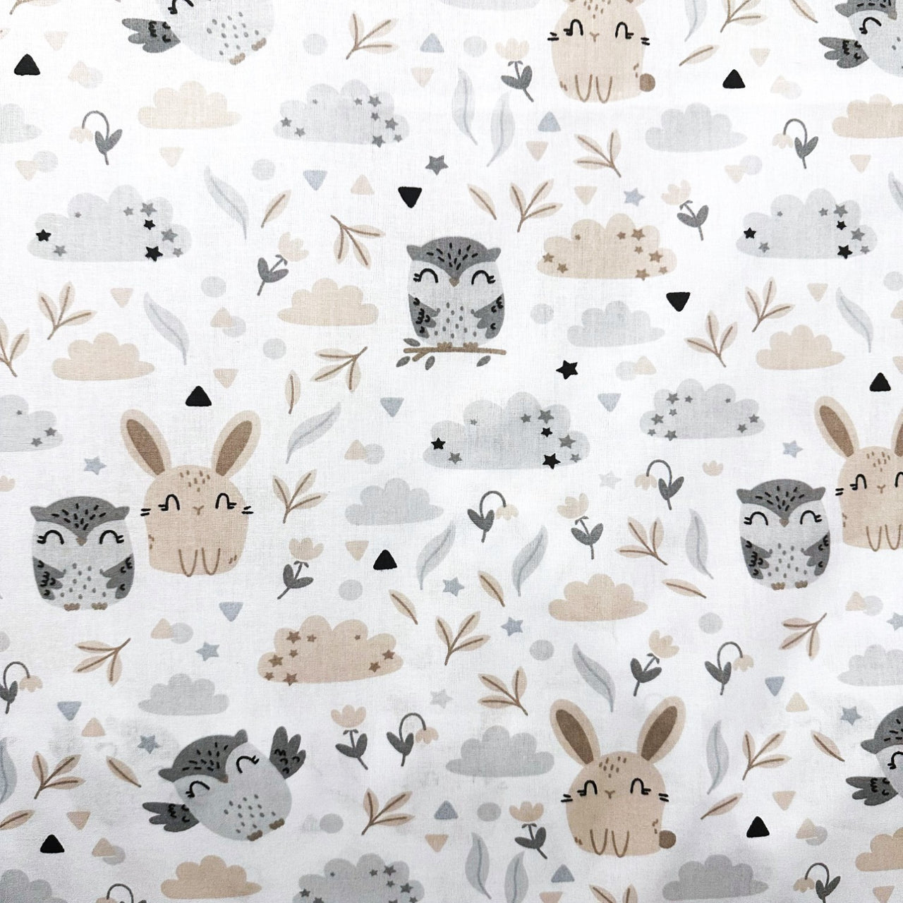Cotton Fabric - Children Owls and Bunnies