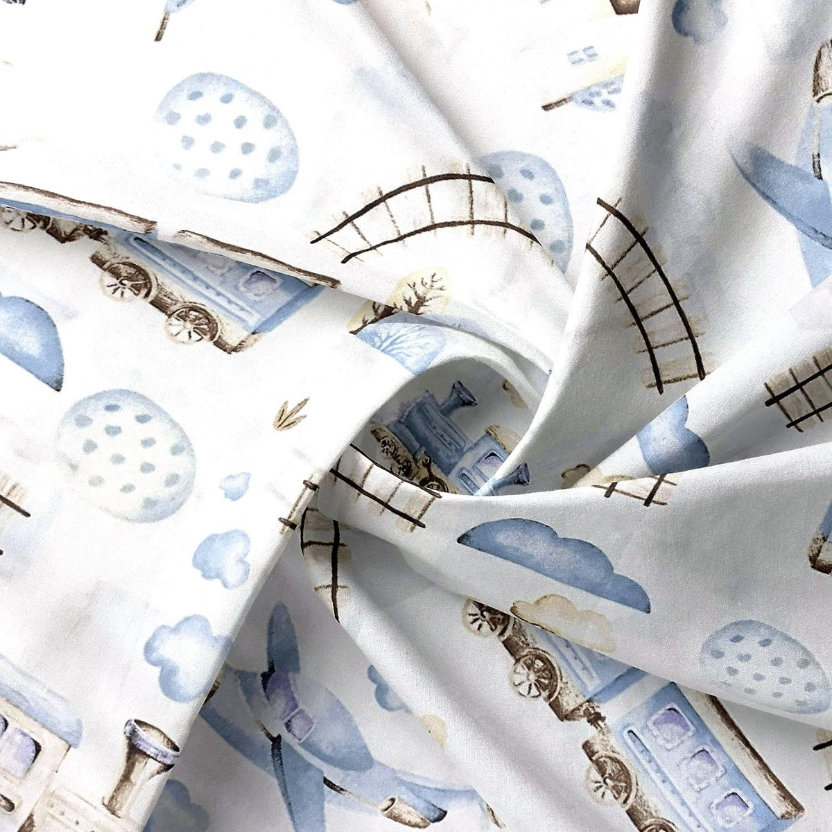 Cotton Fabric - Choo-choos Planes and Houses, Gray