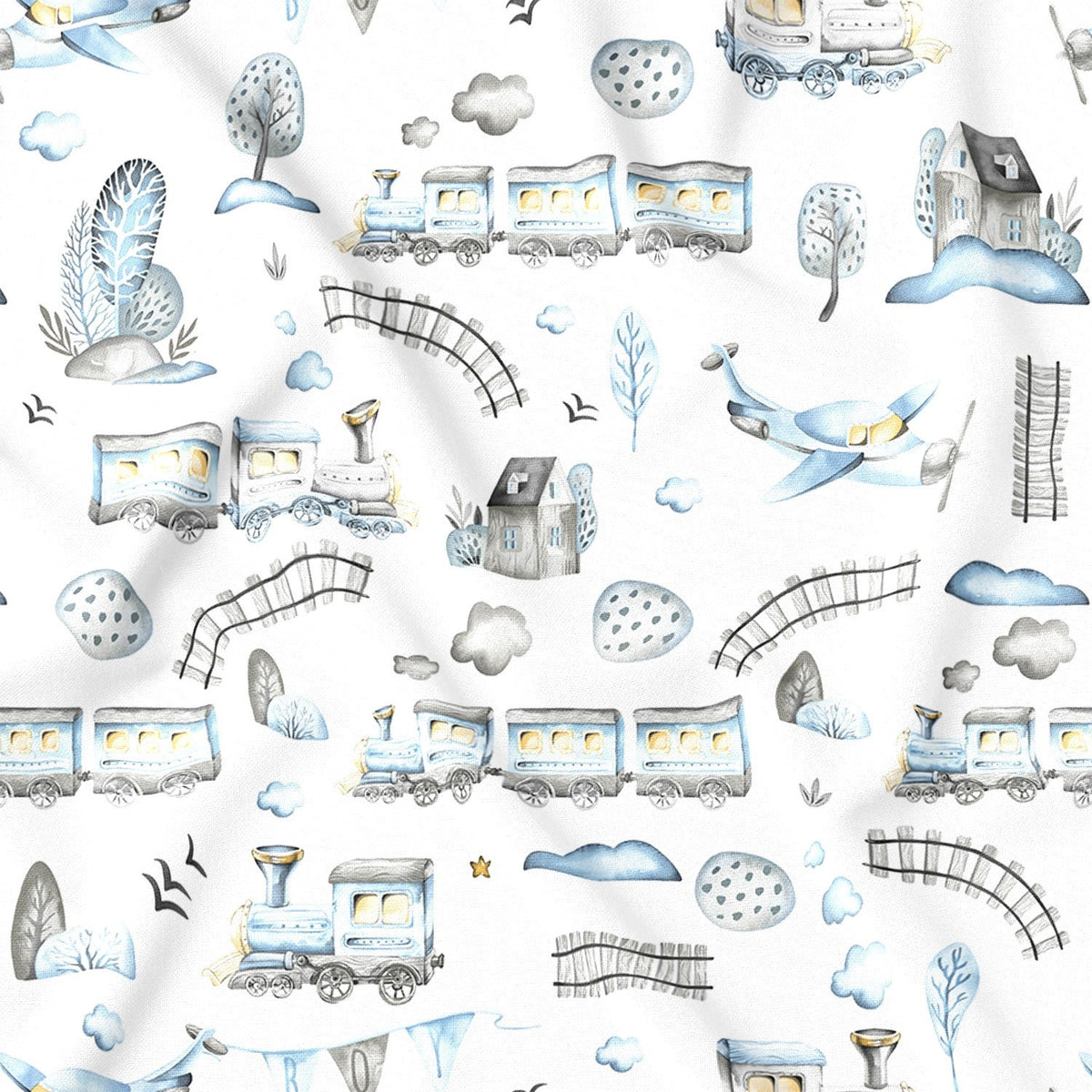 Cotton Fabric - Choo-choos Planes and Houses, Gray