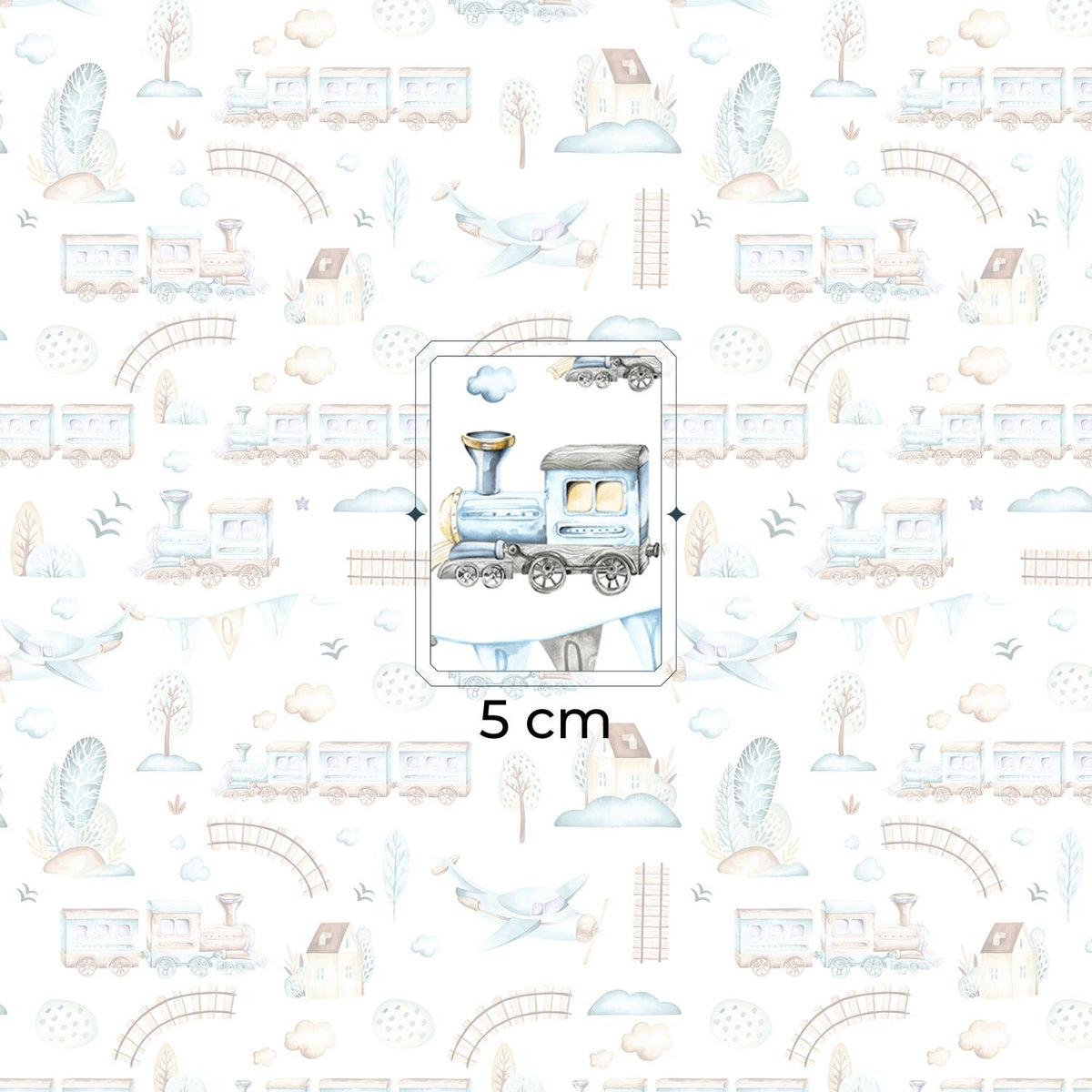 Cotton Fabric - Choo-choos Planes and Houses, Gray