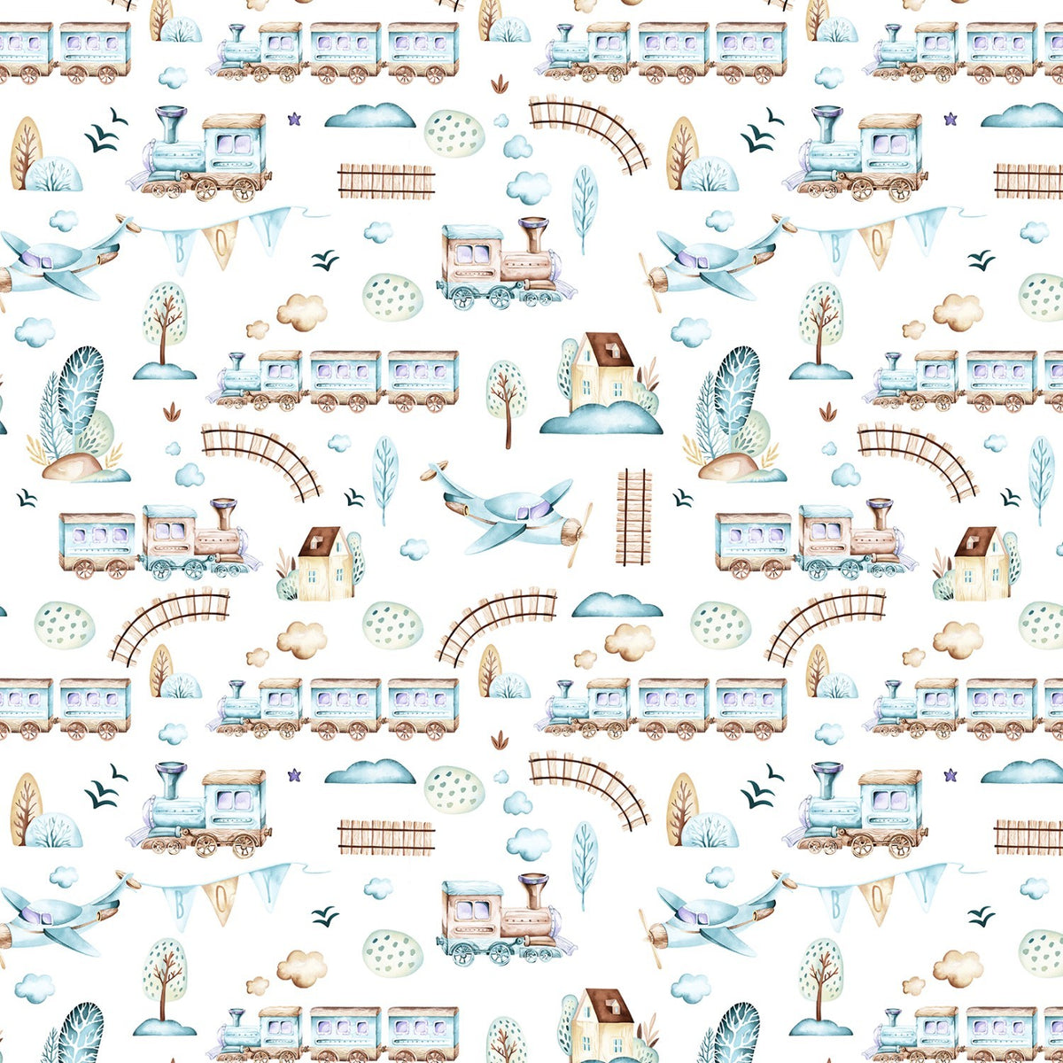 Cotton Fabric - Choo-choos Planes and Houses