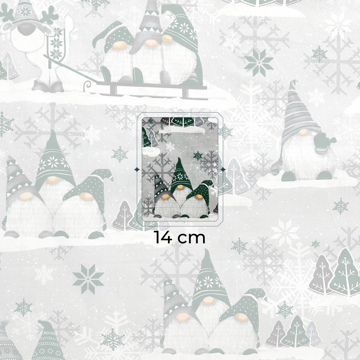 Cotton Fabric - Christmas Green Gnomes and Snowflakes on Gray