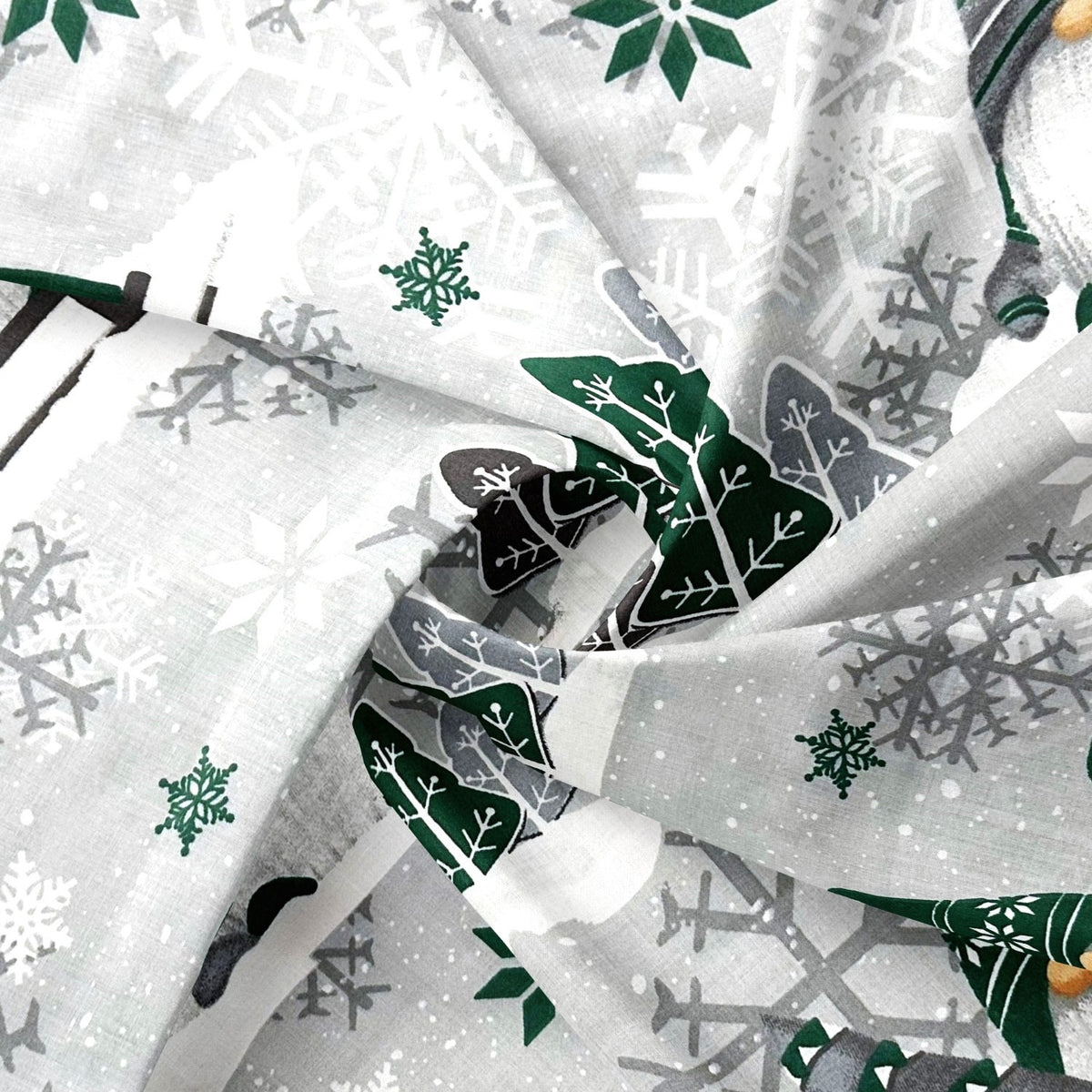 Cotton Fabric - Christmas Green Gnomes and Snowflakes on Gray