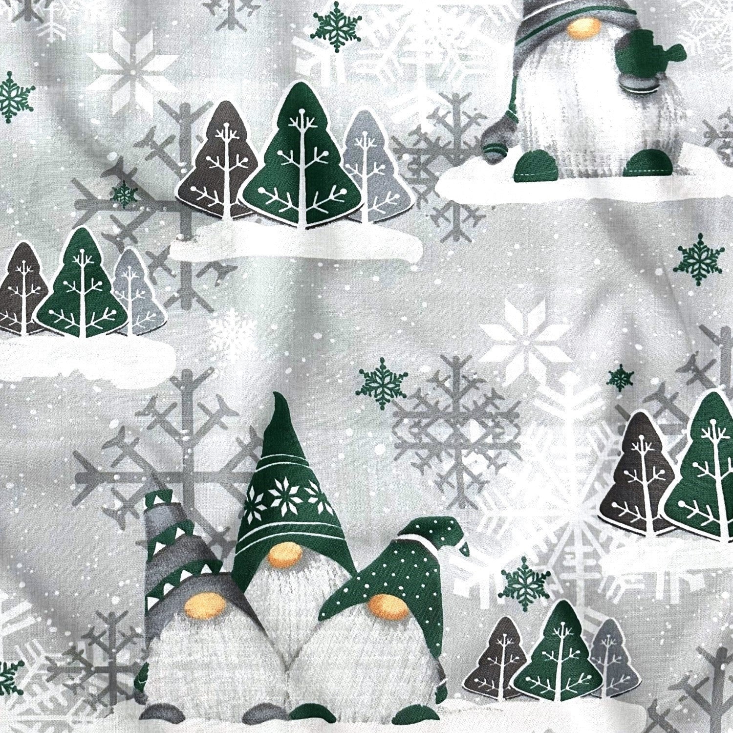Cotton Fabric - Christmas Green Gnomes and Snowflakes on Gray