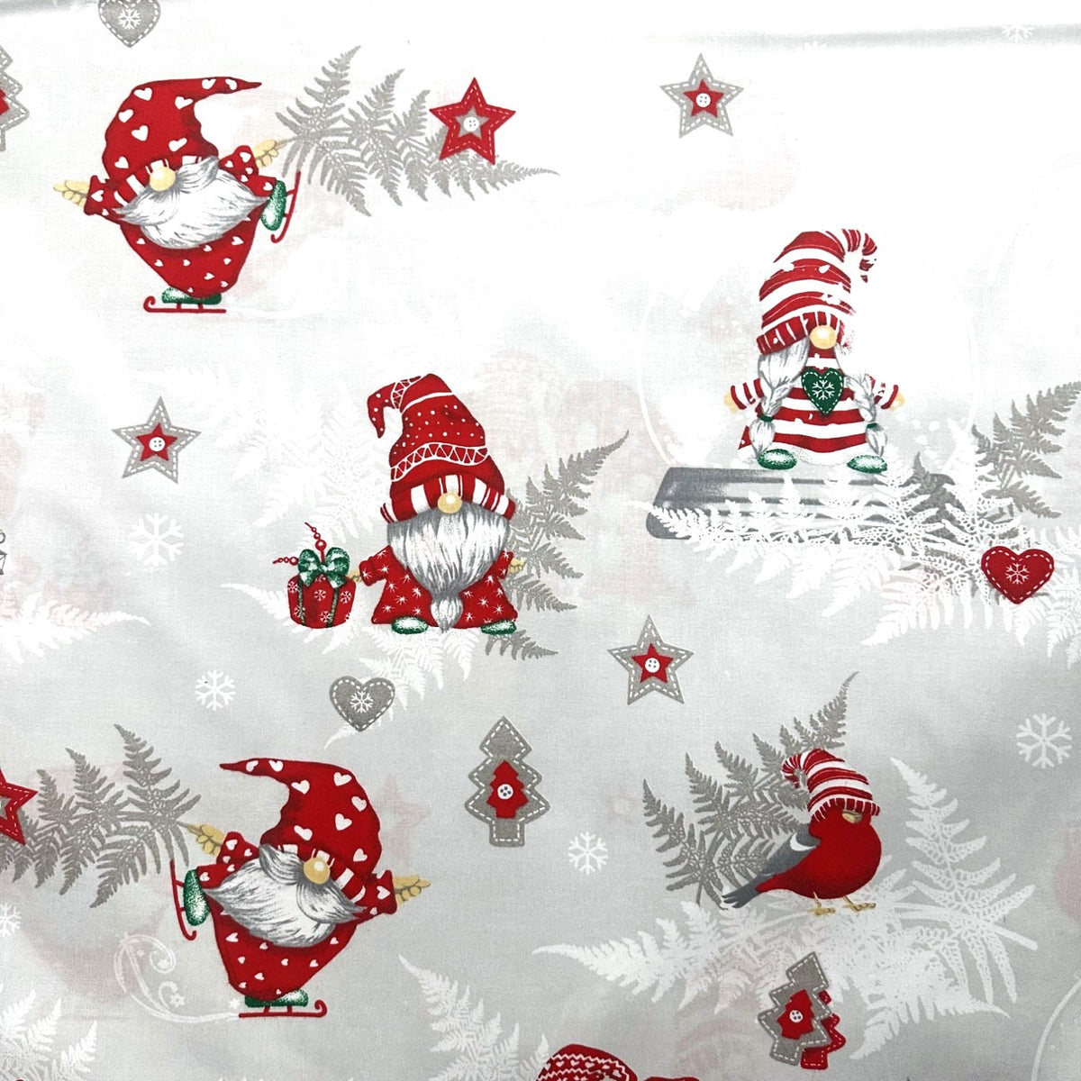 Cotton Fabric - Christmas Grey Gnomes and skates