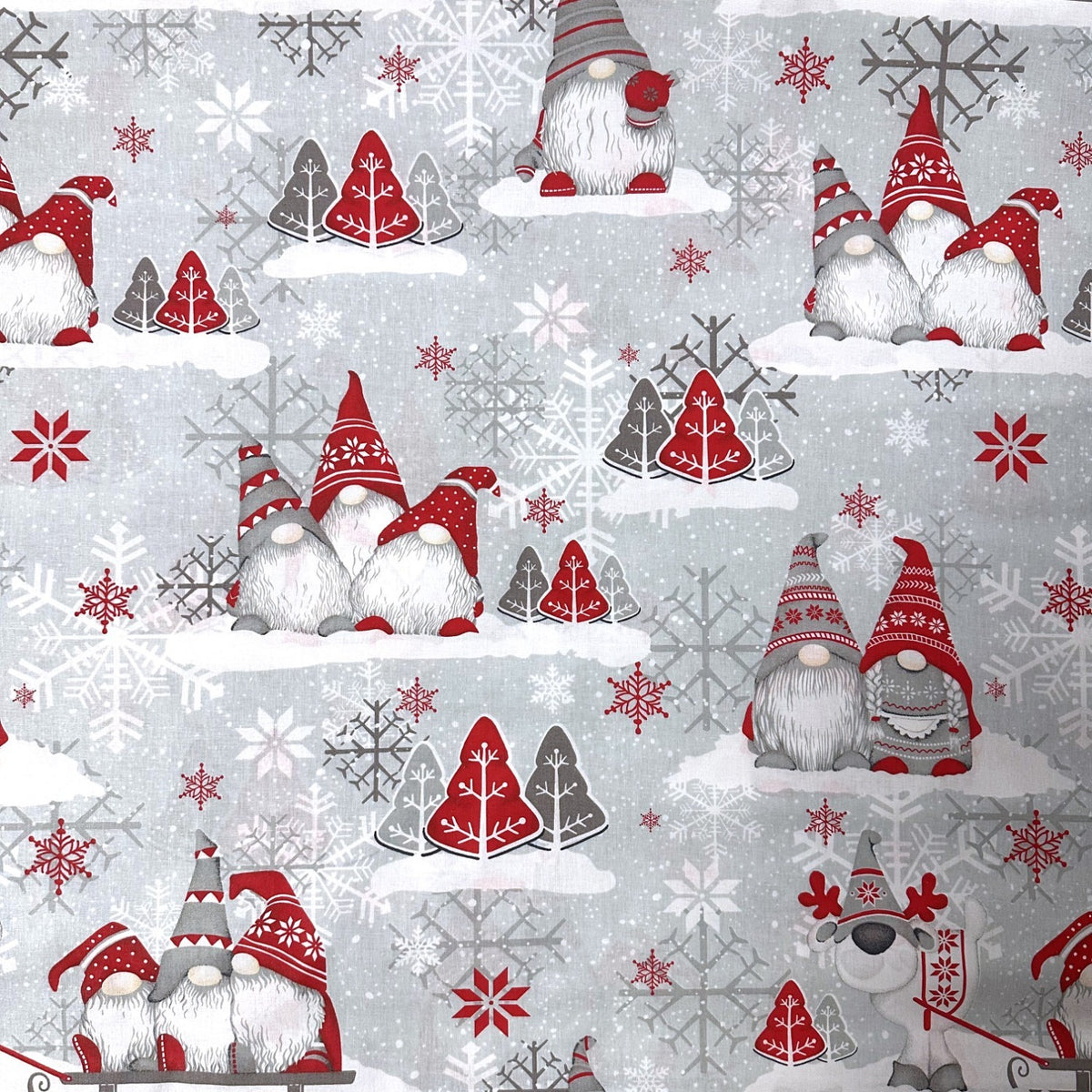 Cotton Fabric - Christmas Red Gnomes and Snowflakes on Gray