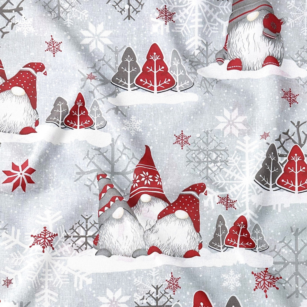 Cotton Fabric - Christmas Red Gnomes and Snowflakes on Gray