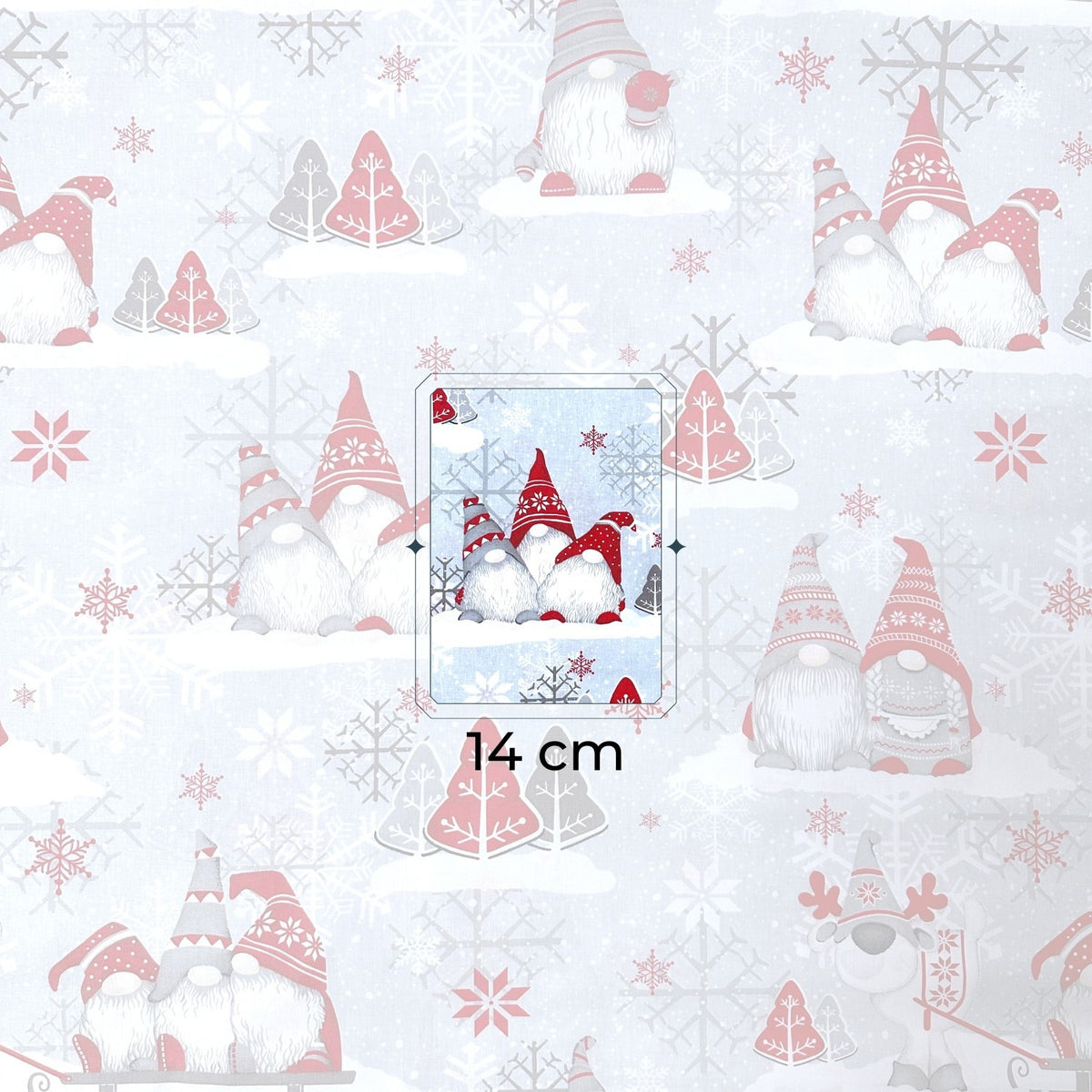 Cotton Fabric - Christmas Red Gnomes and Snowflakes on Gray