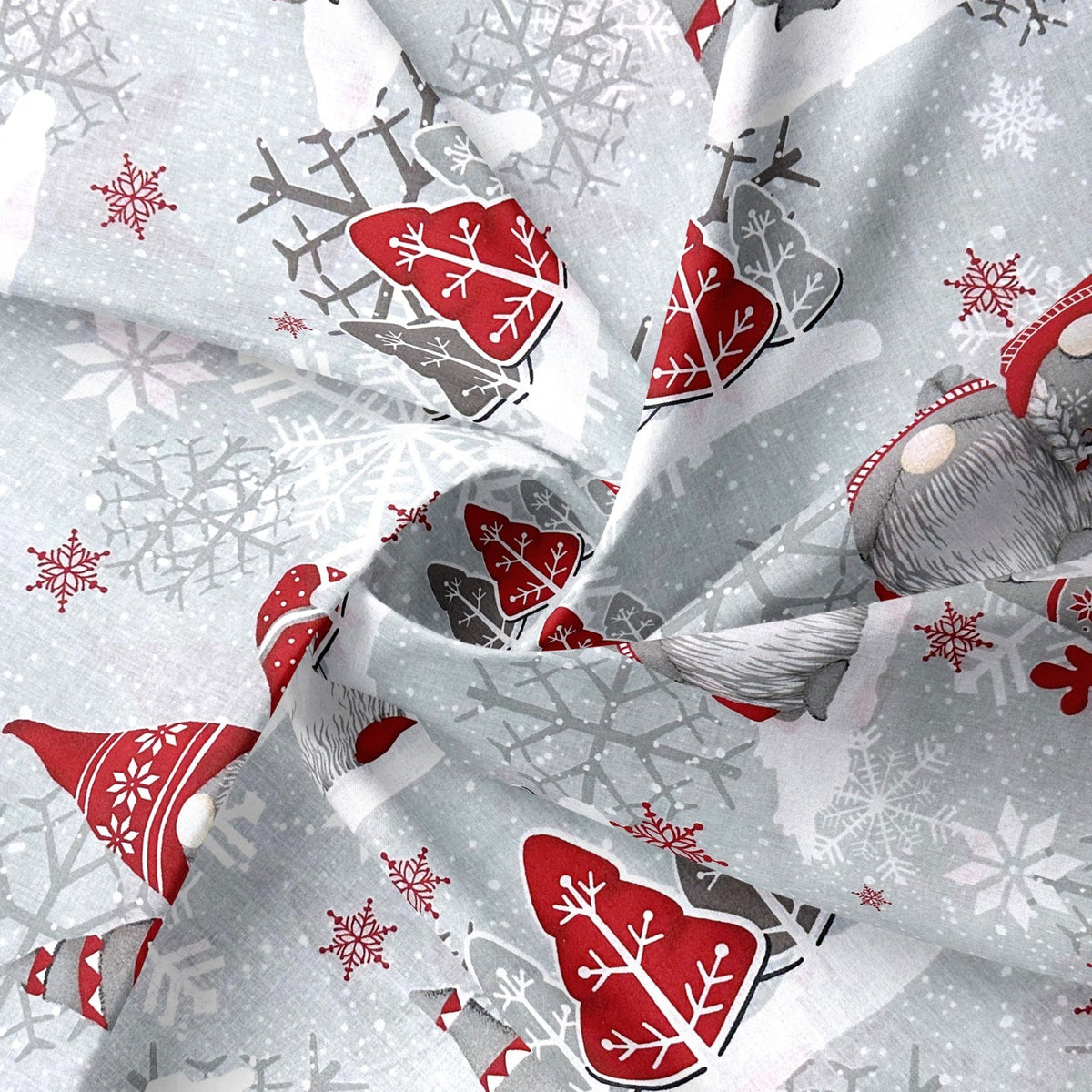 Cotton Fabric - Christmas Red Gnomes and Snowflakes on Gray