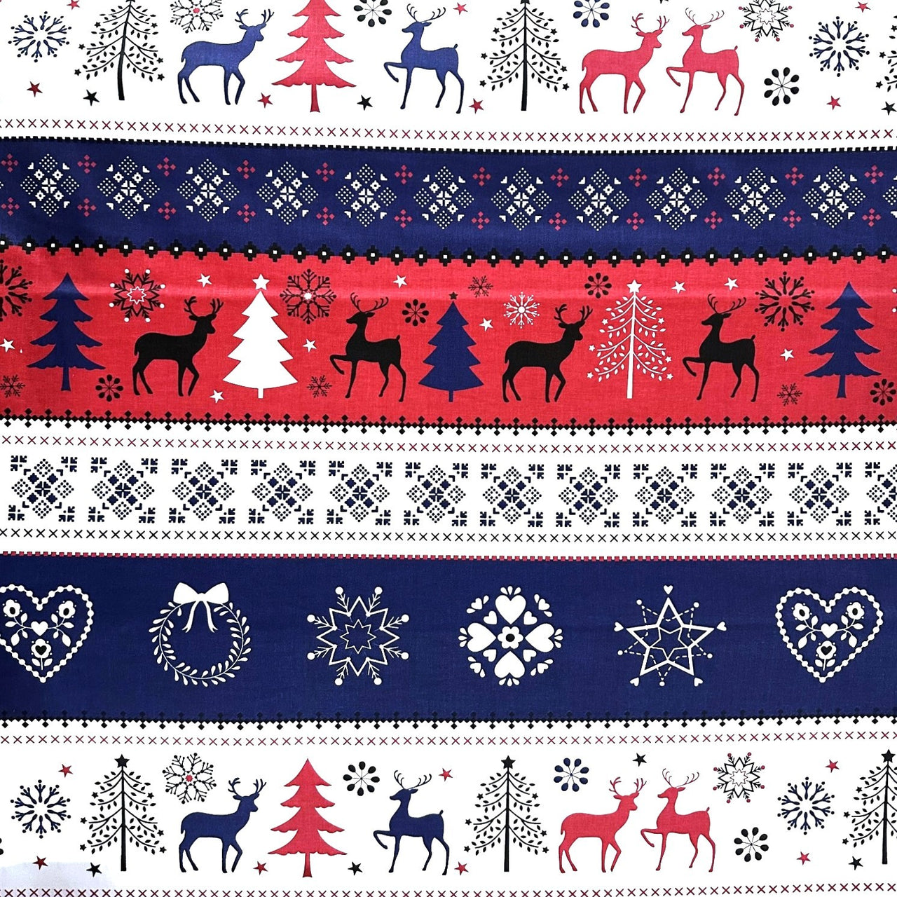 Cotton Fabric - Christmas Scandinavian Reindeer Red and Navy Blue