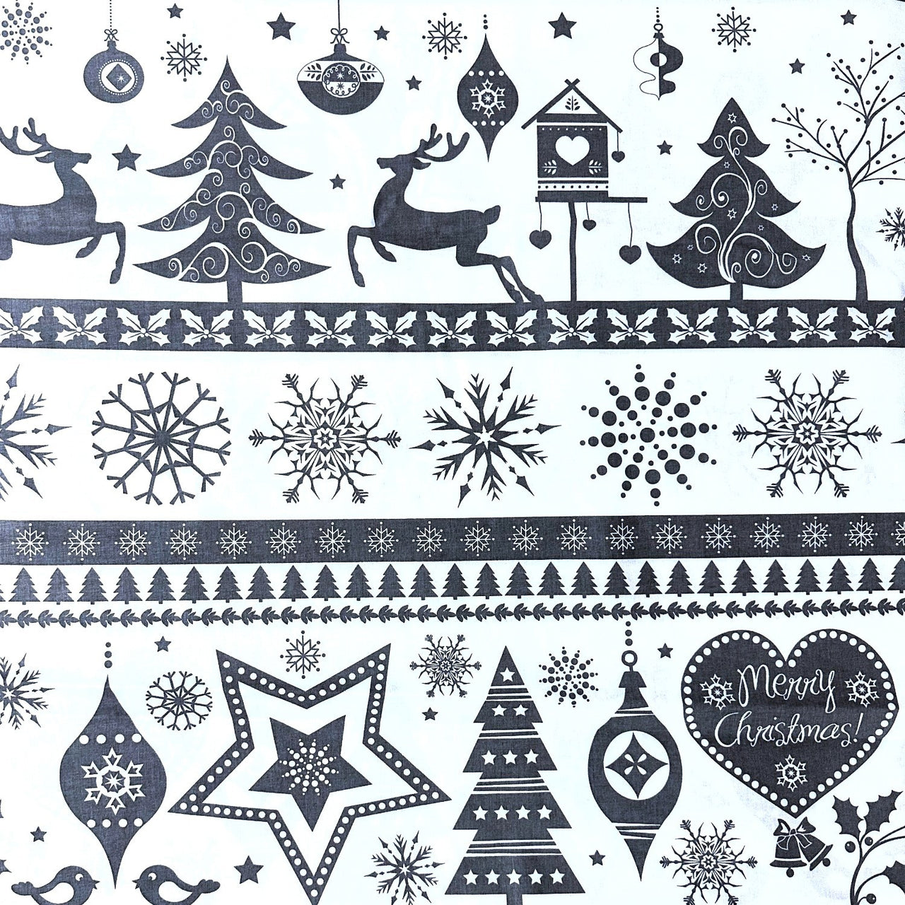 Cotton Fabric - Christmas Trees and Reindeer Grey on White