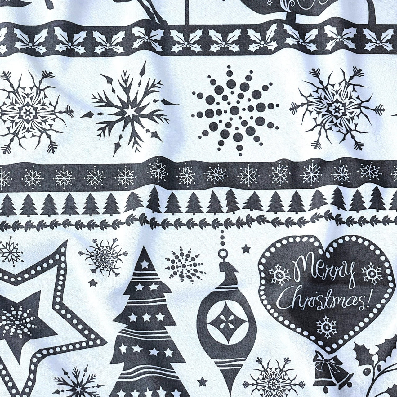 Cotton Fabric - Christmas Trees and Reindeer Grey on White