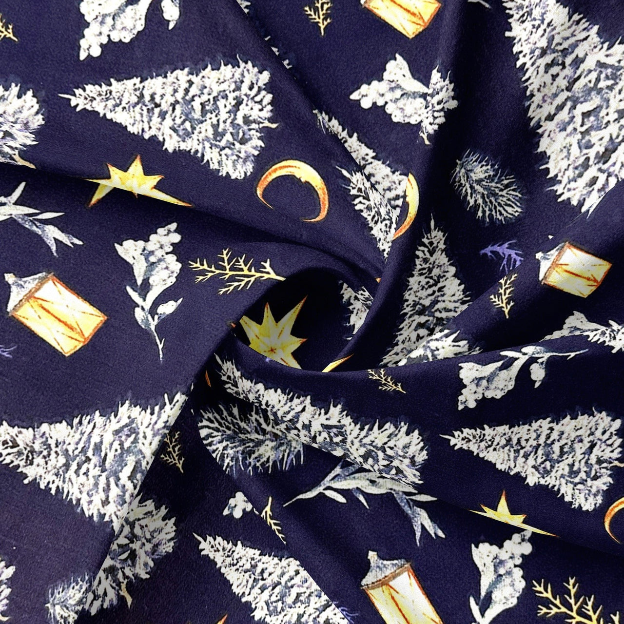 Cotton Fabric - Christmas Trees and Stars, Navy Blue