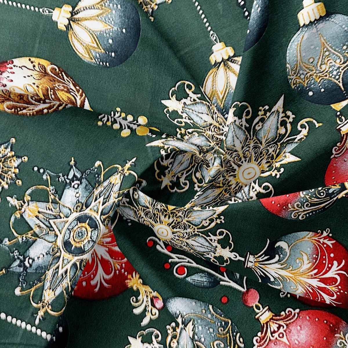 Cotton Fabric - Christmas decorative green baubles