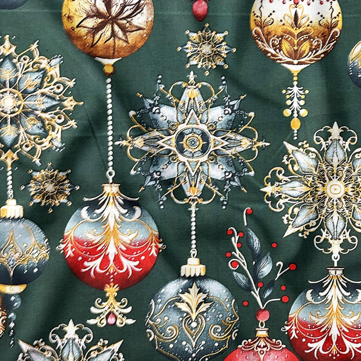 Cotton Fabric - Christmas decorative green baubles
