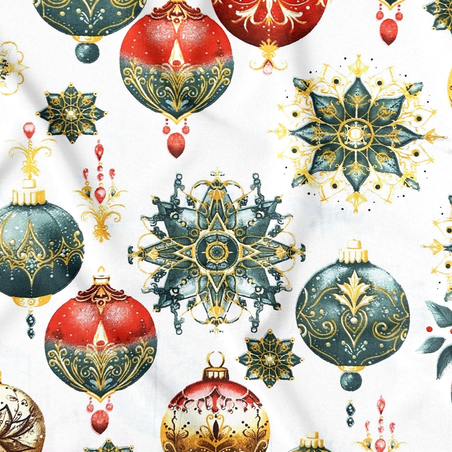 Cotton Fabric - Christmas decorative white baubles