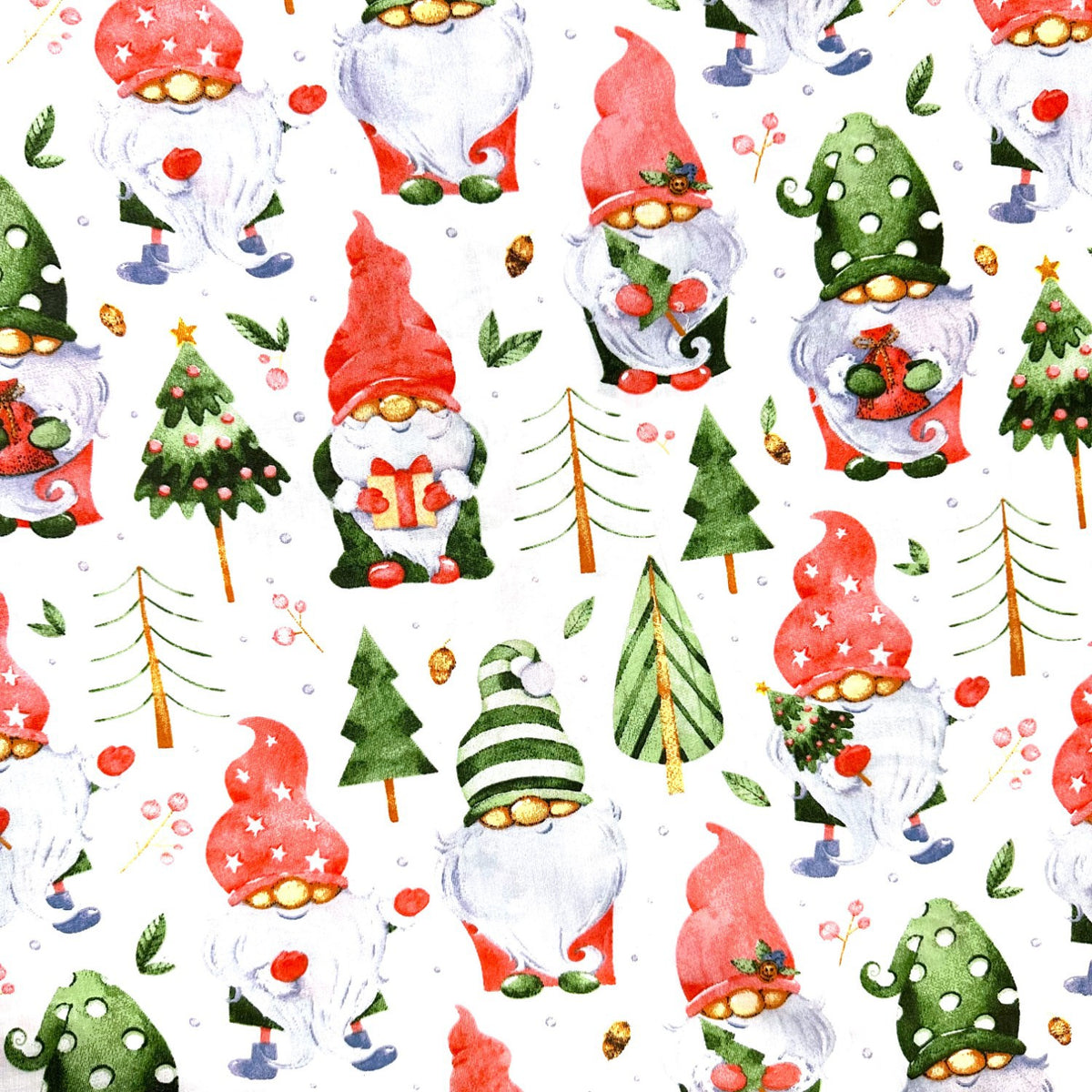Cotton Fabric - Christmas gnomes and trees