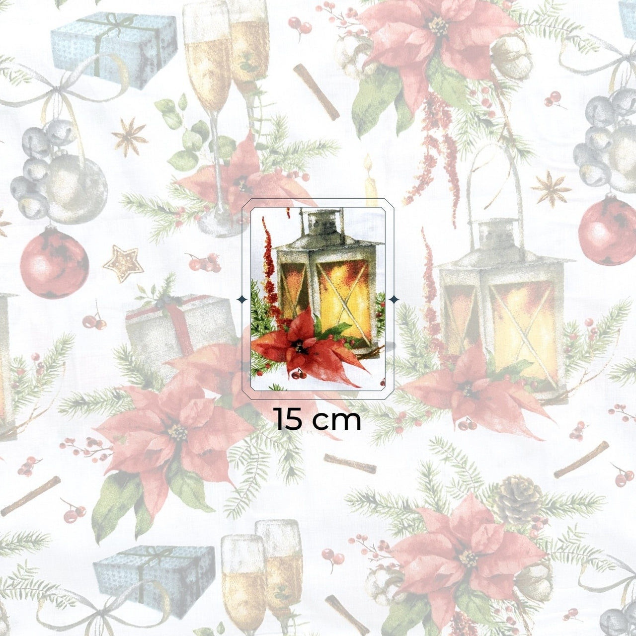 Cotton Fabric - Christmas lamp and red bow