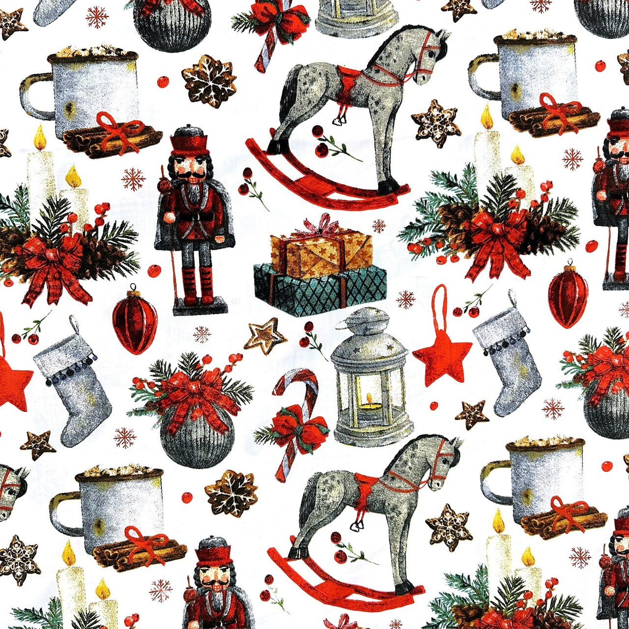 Cotton Fabric - Christmas rocking white