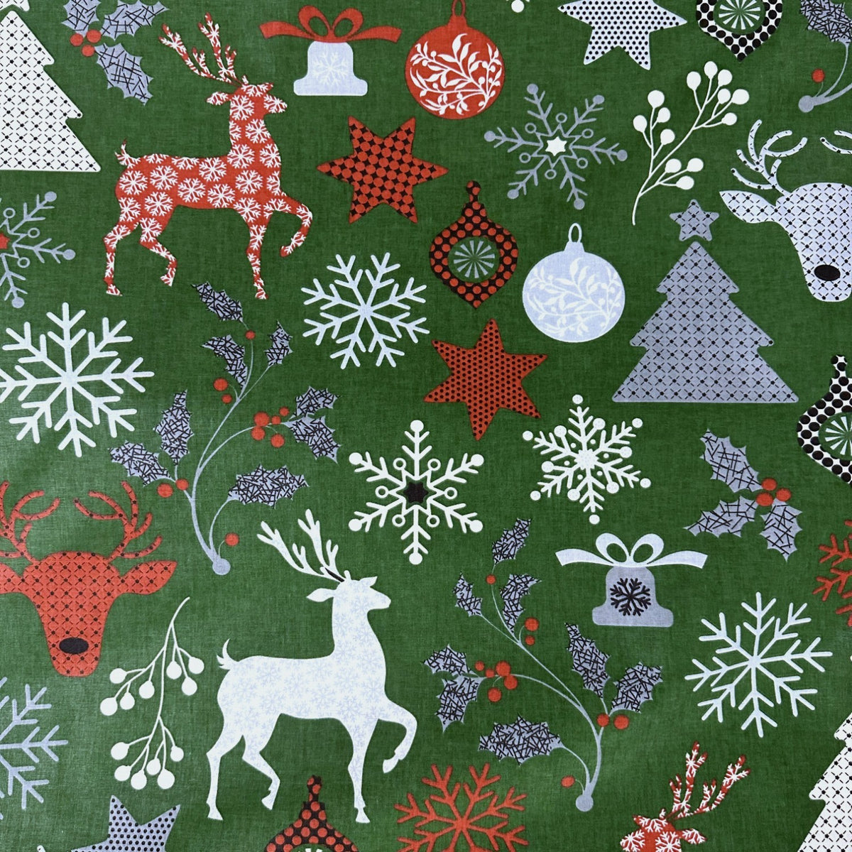 Cotton Fabric - Christmas snowflakes and Reindeer, Green