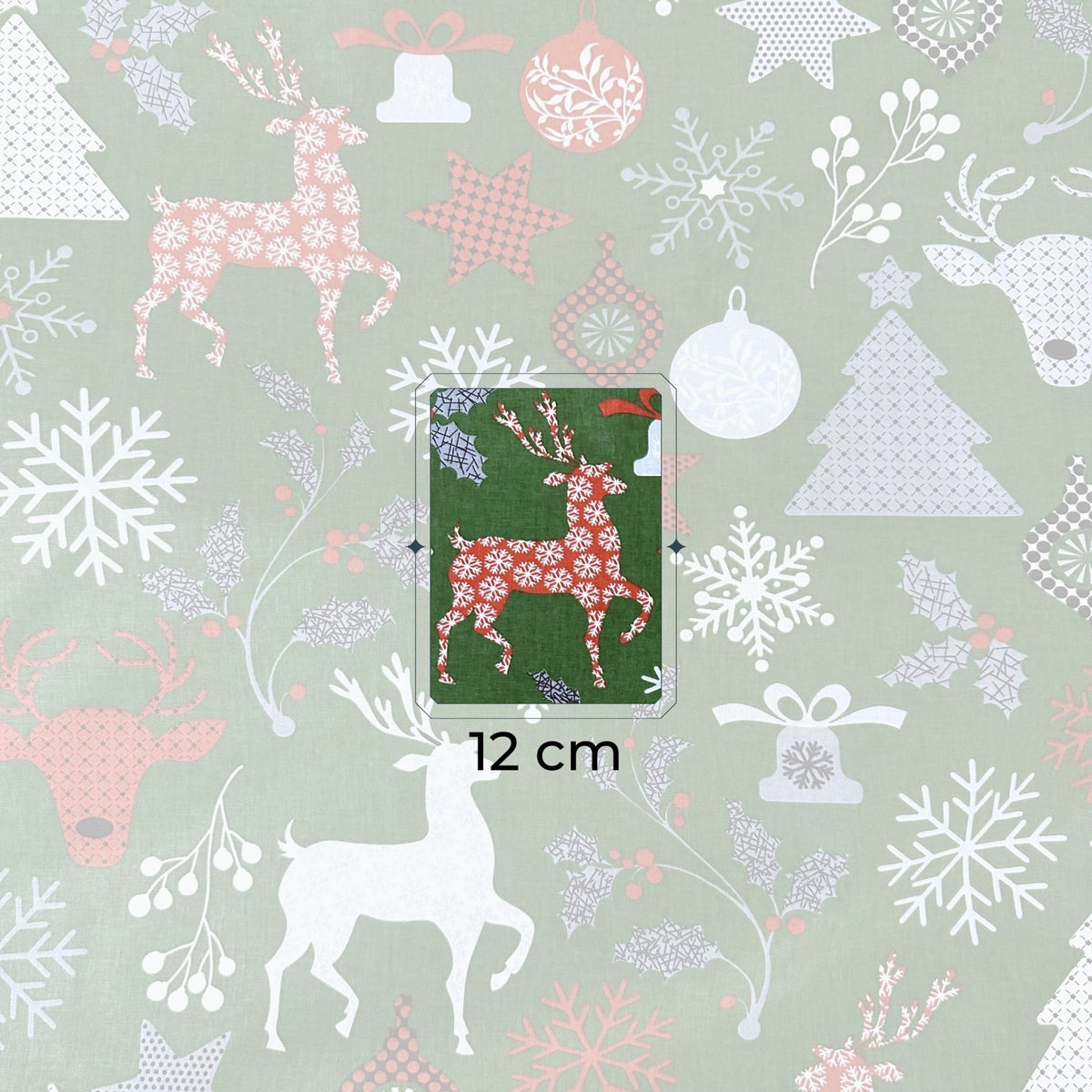 Cotton Fabric - Christmas snowflakes and Reindeer, Green