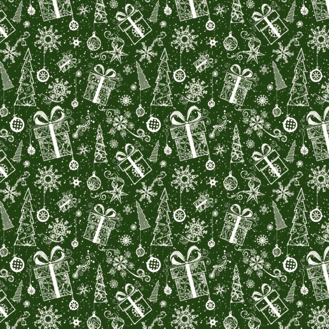 Cotton Fabric - Christmas tree, snowflakes, and presents in green