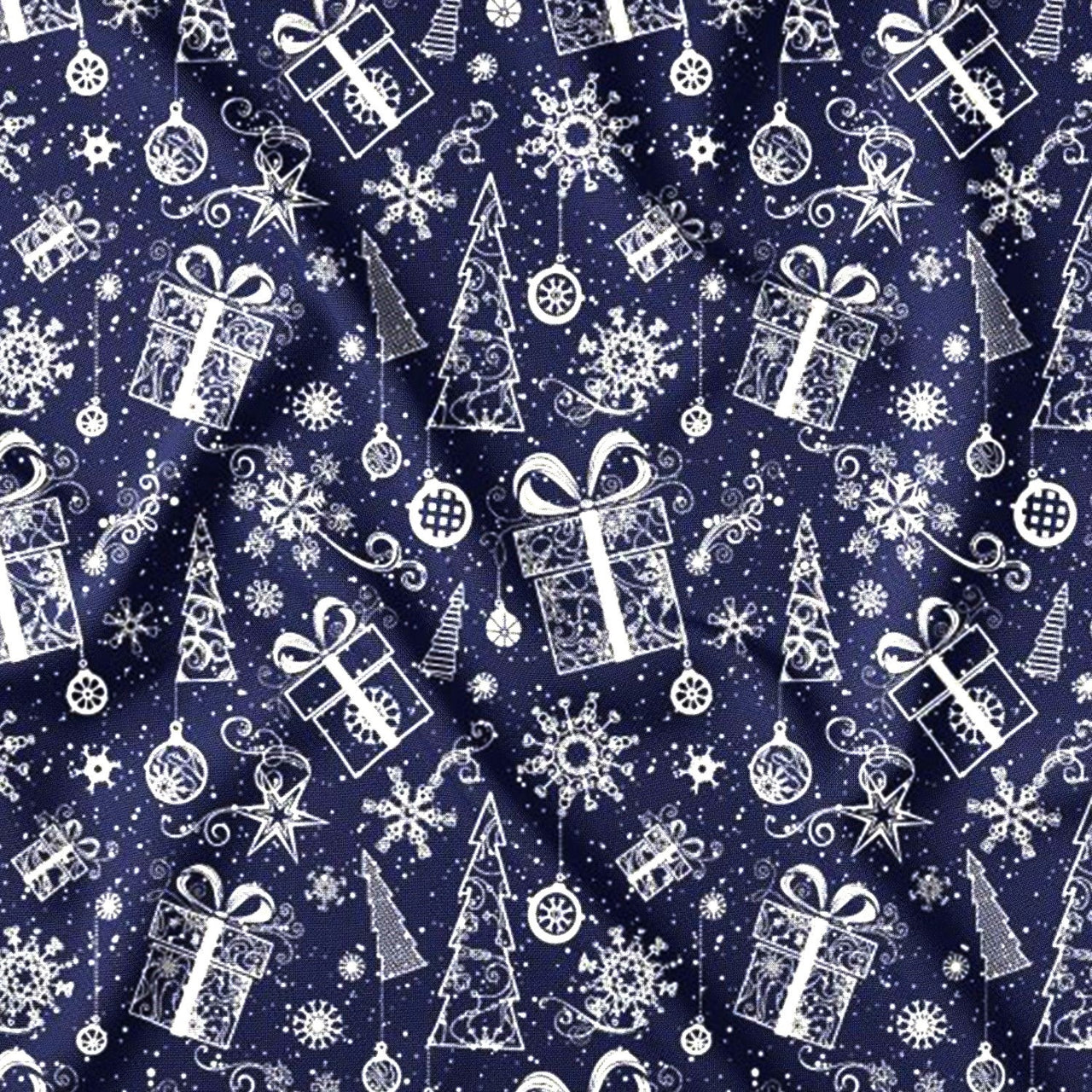 Cotton Fabric - Christmas trees, snowflakes, and presents in navy blue