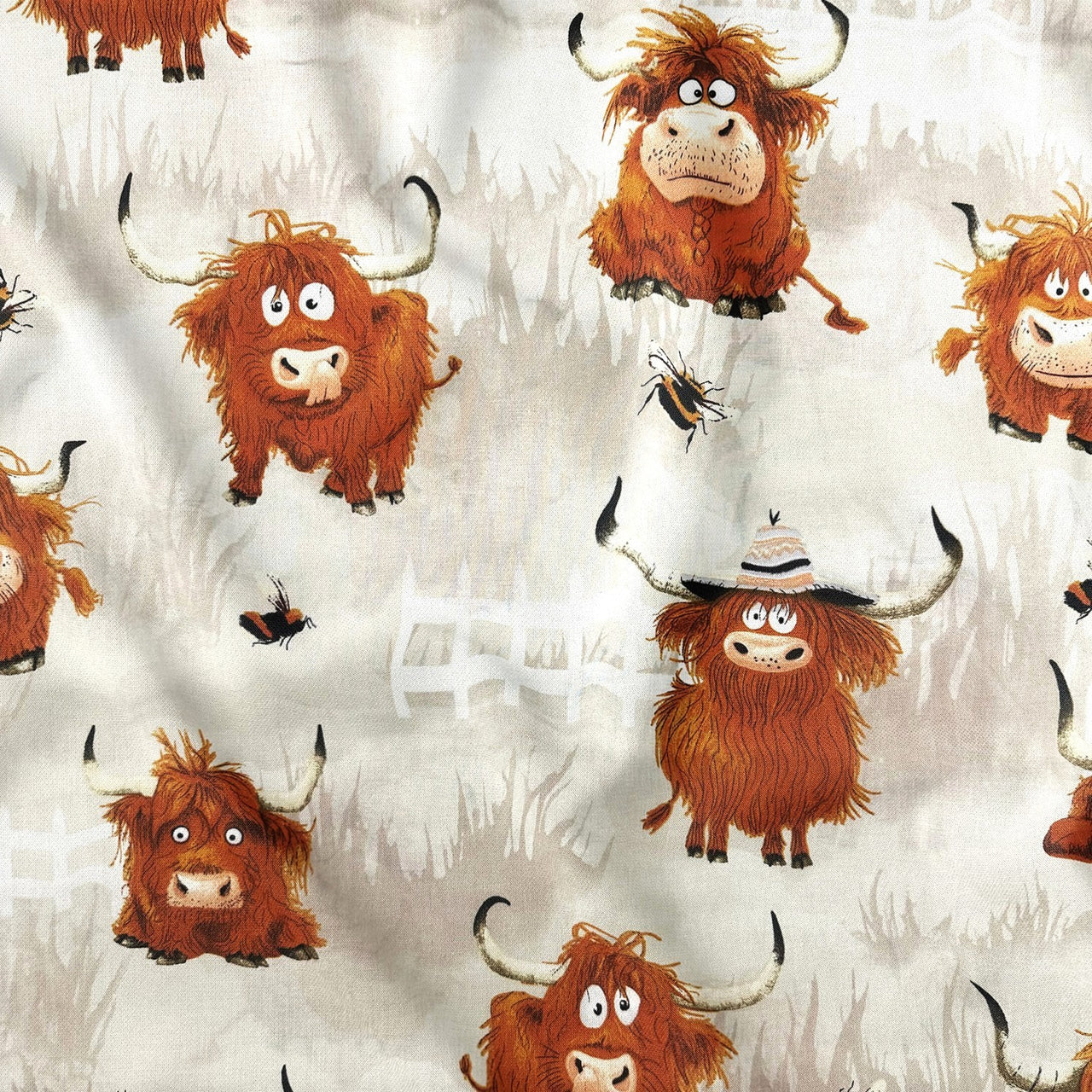 Cotton Fabric - Crazy Cows on the Meadow, Beige