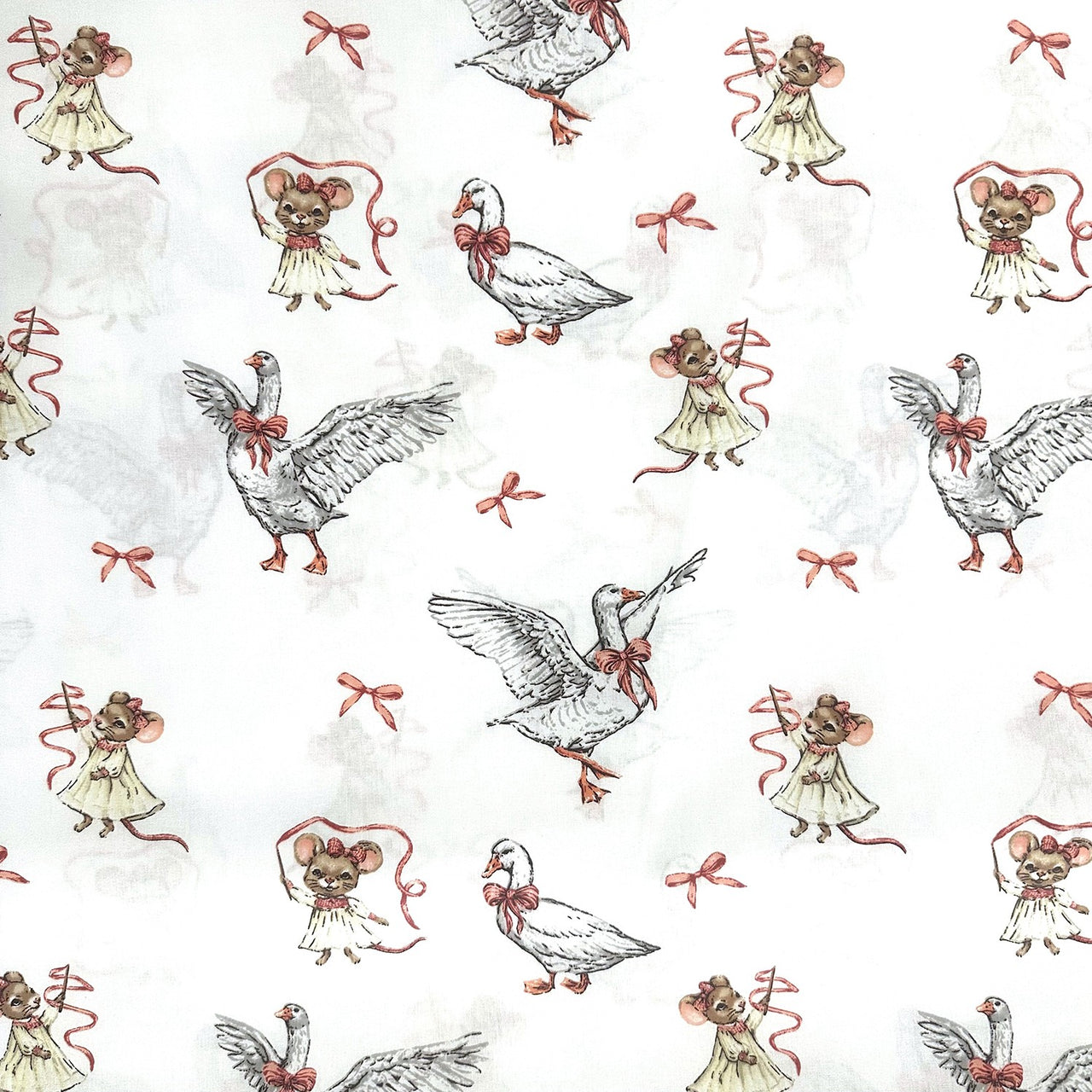Cotton Fabric - Dancing white goslings
