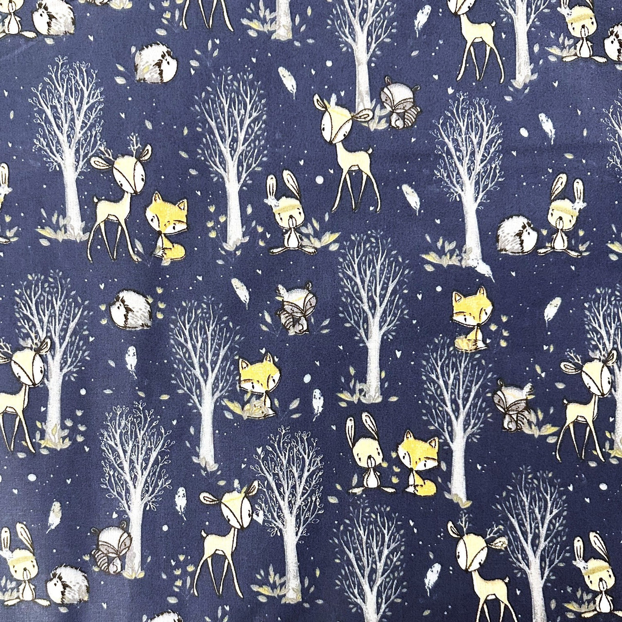 Cotton Fabric - Deer hare and raccoon, navy blue