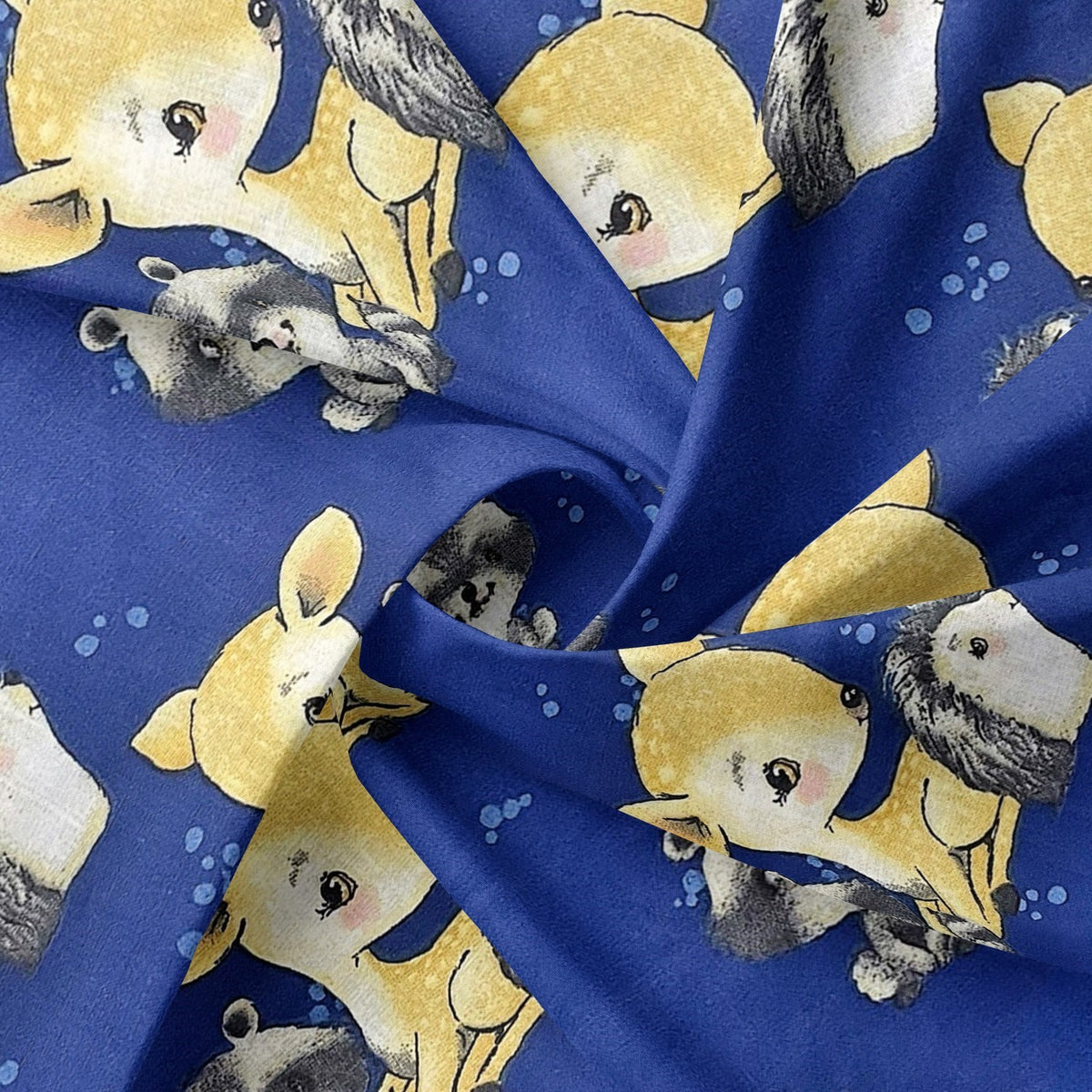 Cotton Fabric - Deer raccoon and hedgehog navy blue