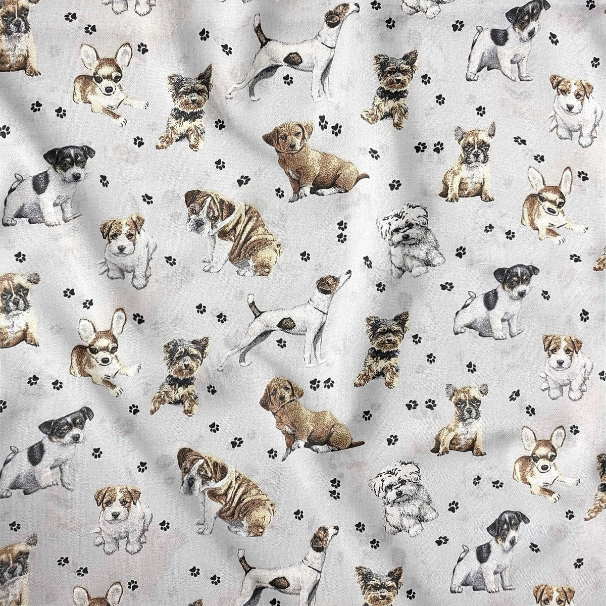 Cotton Fabric - Dogs Paws on Light Gray Background