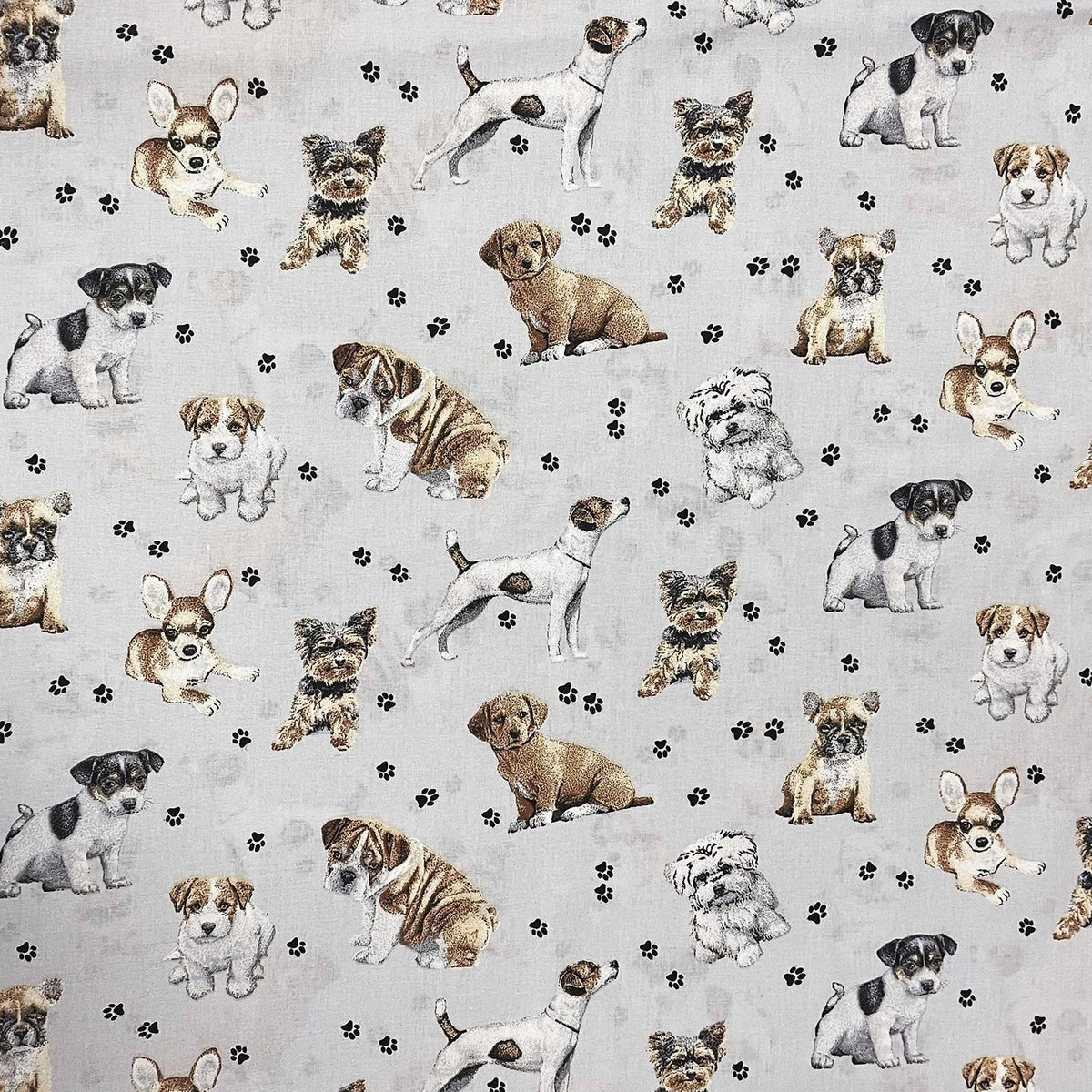 Cotton Fabric - Dogs Paws on Light Gray Background