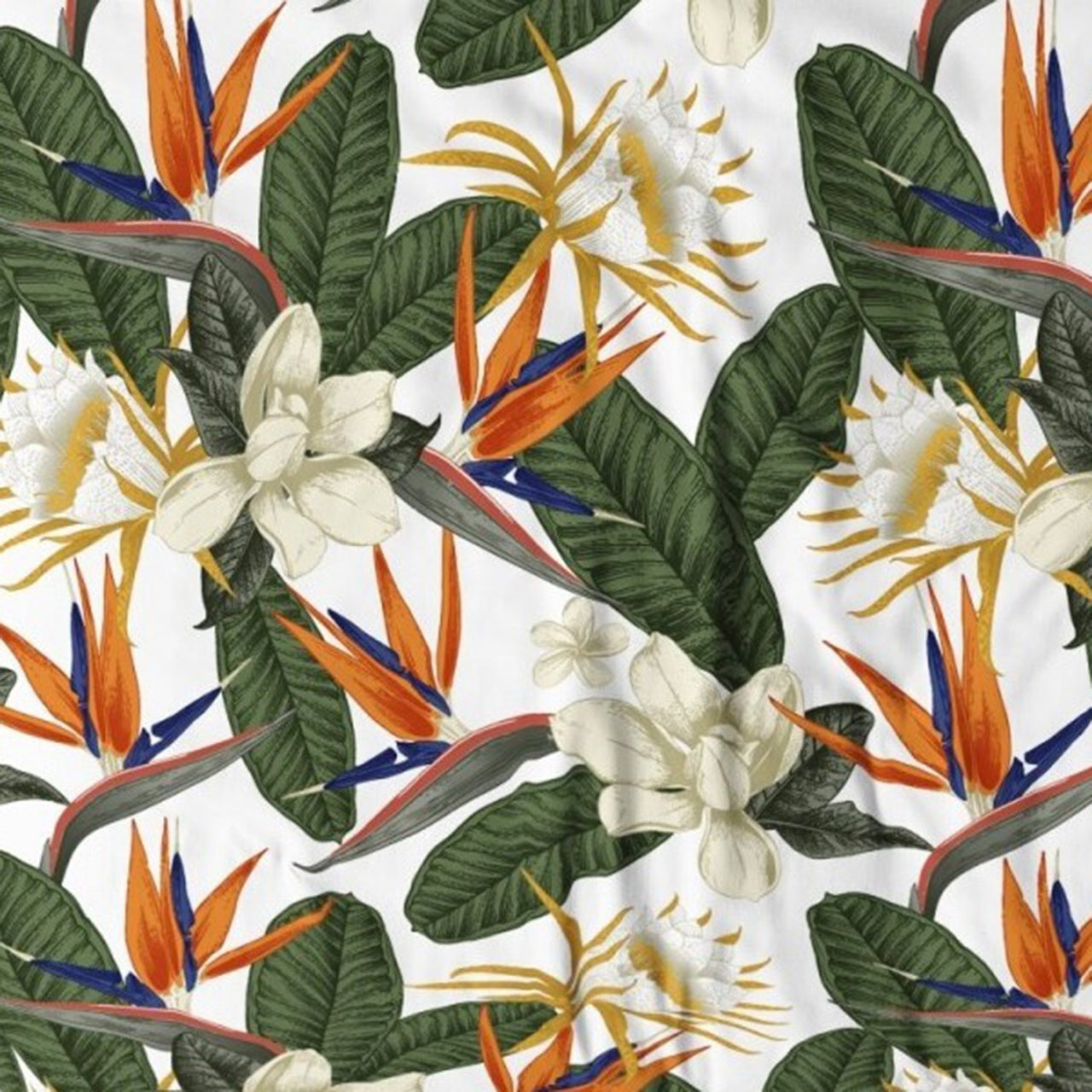 Cotton Fabric - Exotic floral print with green leaves