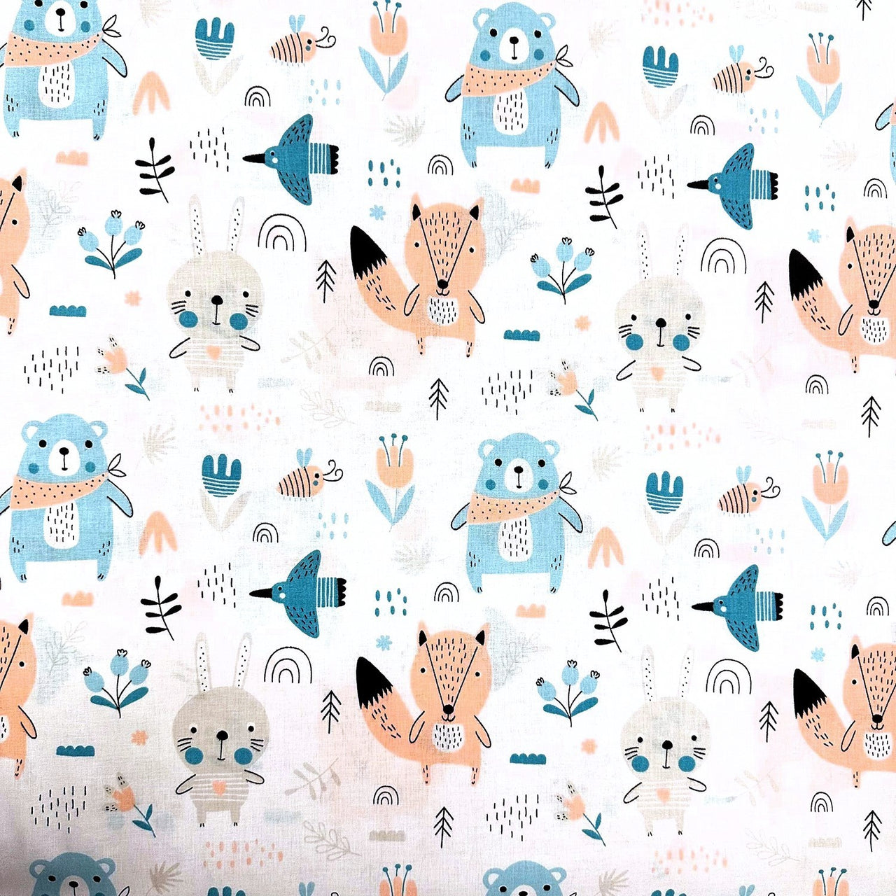Cotton Fabric - Forest Animals on White