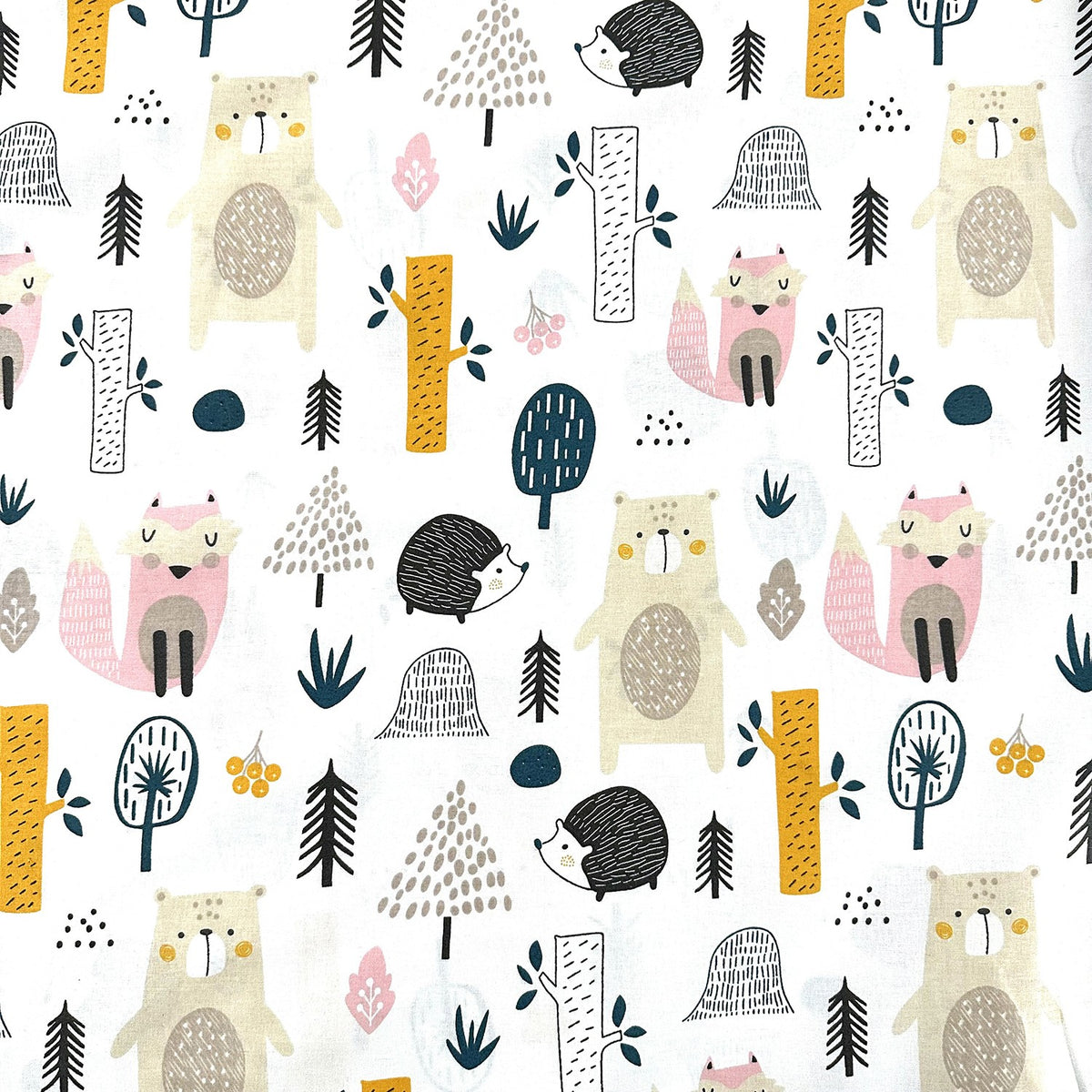 Cotton Fabric - Forest animals pink-orange on white