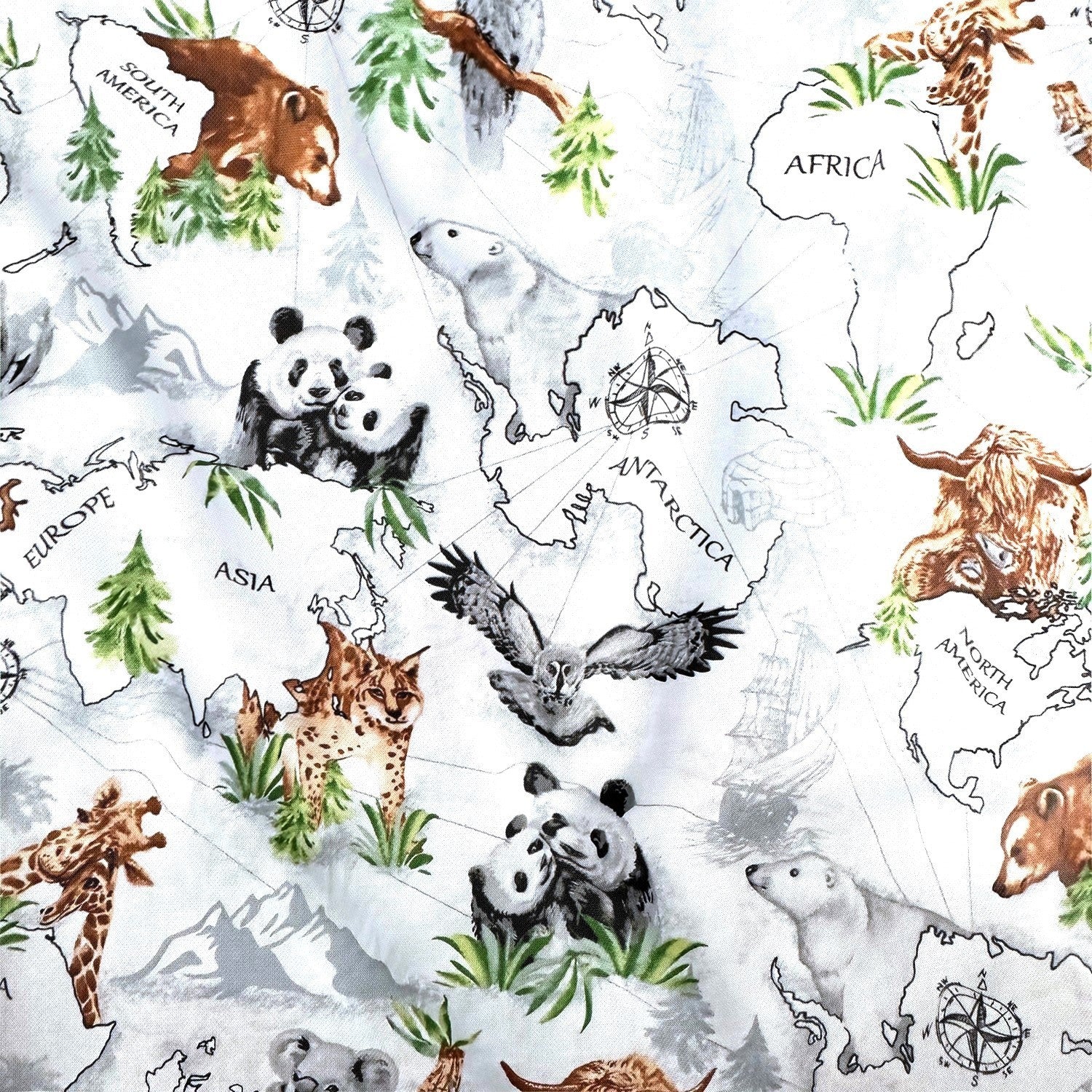 Cotton Fabric - Maps and animals