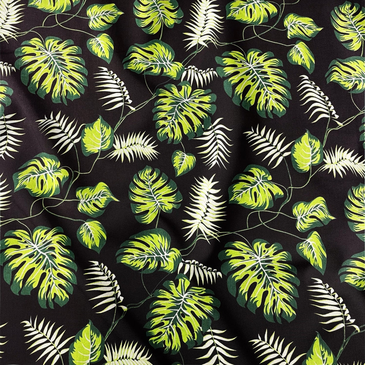 Cotton Fabric - Mini Green Monstera on Black