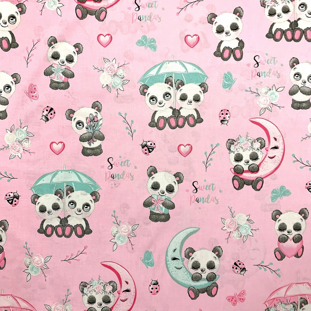 Cotton Fabric - Pastel Pandas, Pink