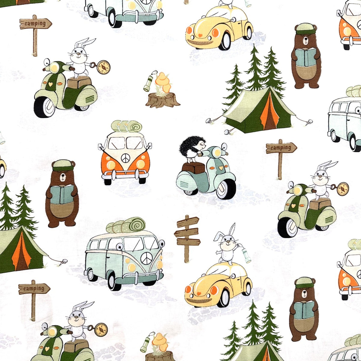 Cotton Fabric - Pets at the campsite, Orange