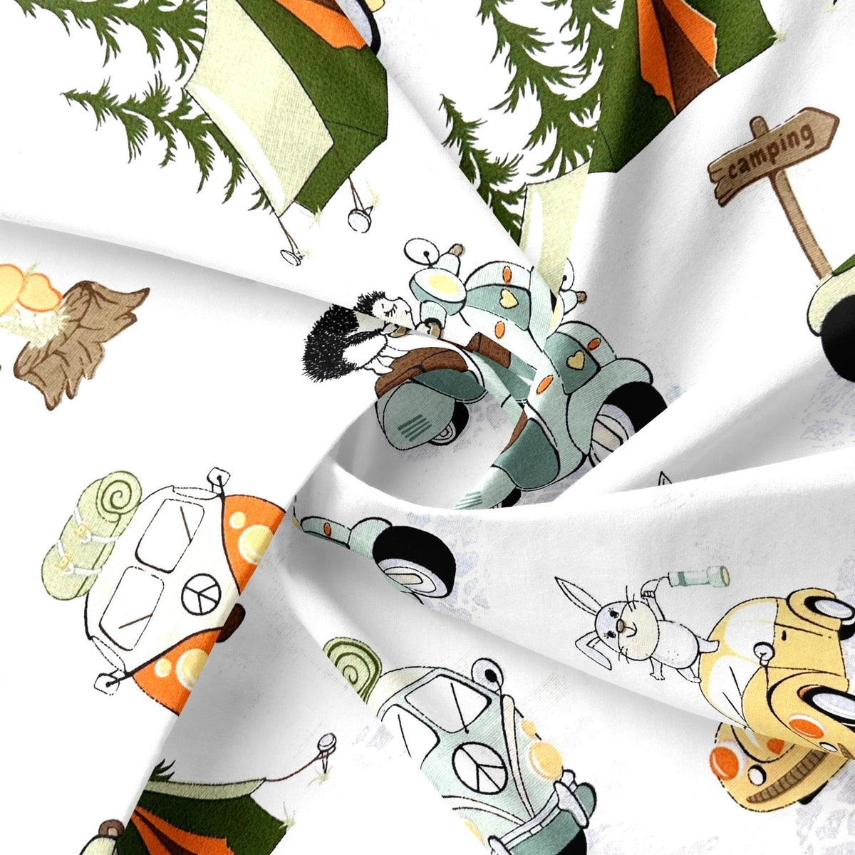 Cotton Fabric - Pets at the campsite, Orange