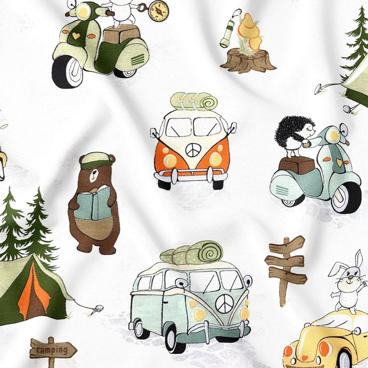Cotton Fabric - Pets at the campsite, Orange
