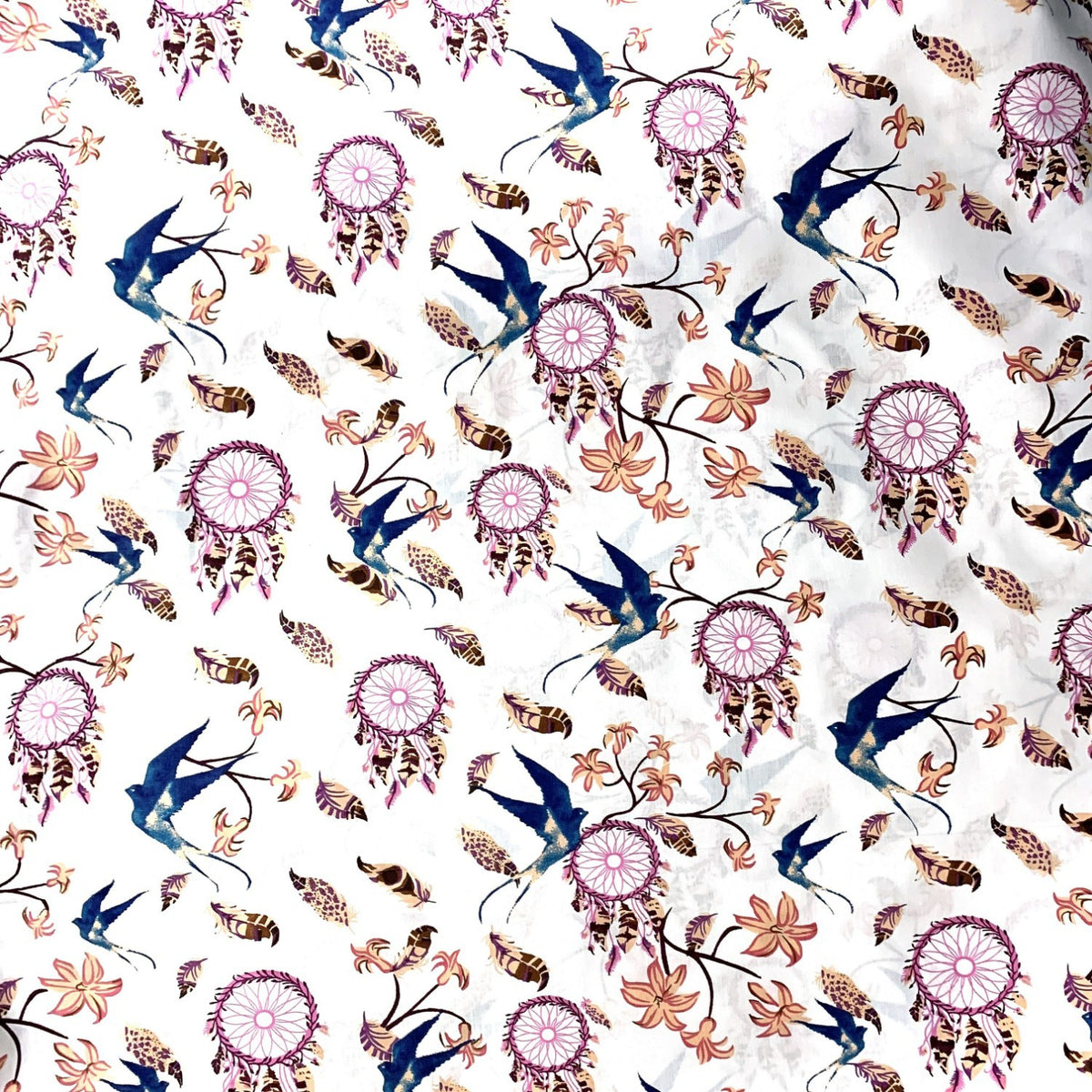 Cotton Fabric - Pink Dream Catchers and Swallows on White