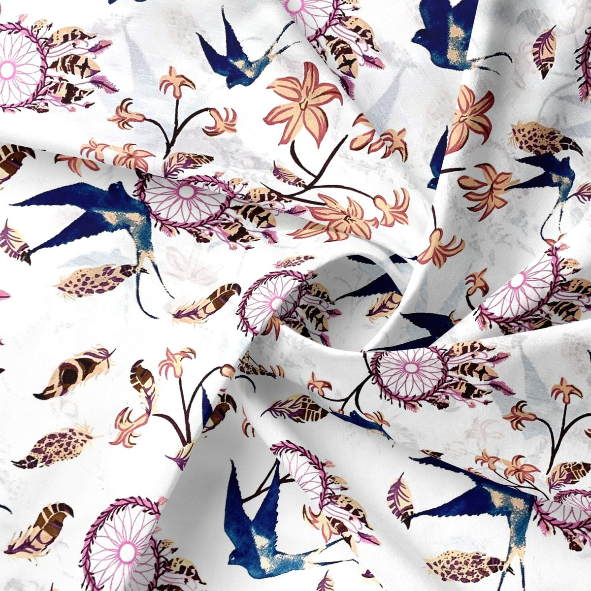Cotton Fabric - Pink Dream Catchers and Swallows on White