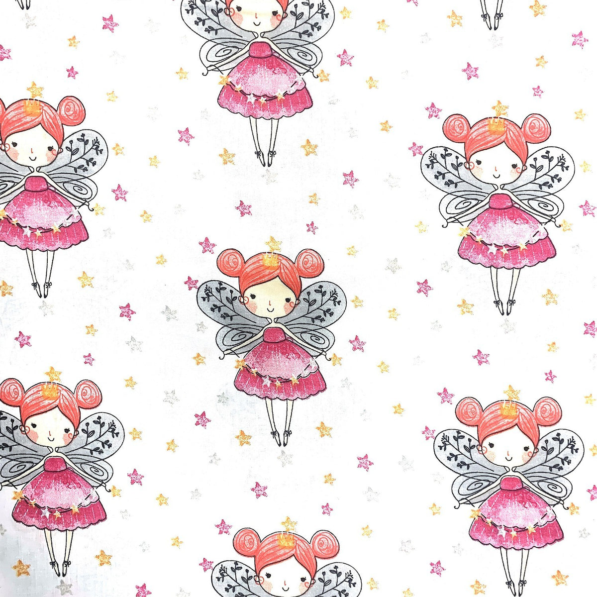 Cotton Fabric - Pink Fairy on White