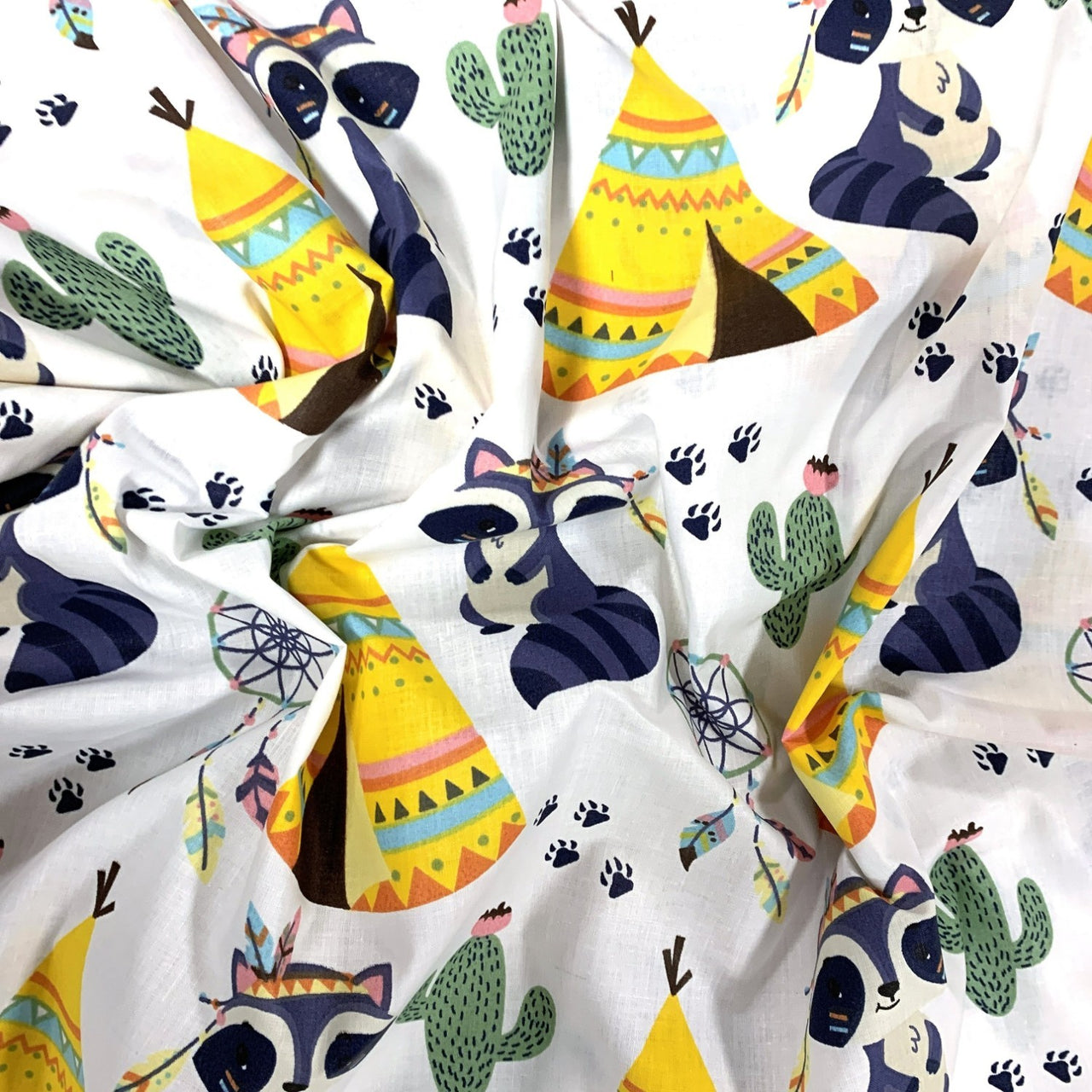 Cotton Fabric - Raccoon and Teepees