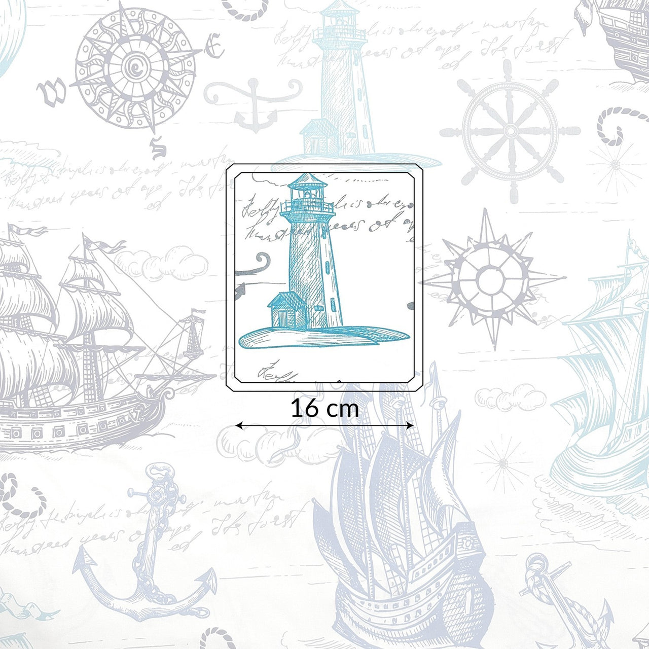 Cotton Fabric - Ships, compass, and lighthouse in turquoise and navy blue